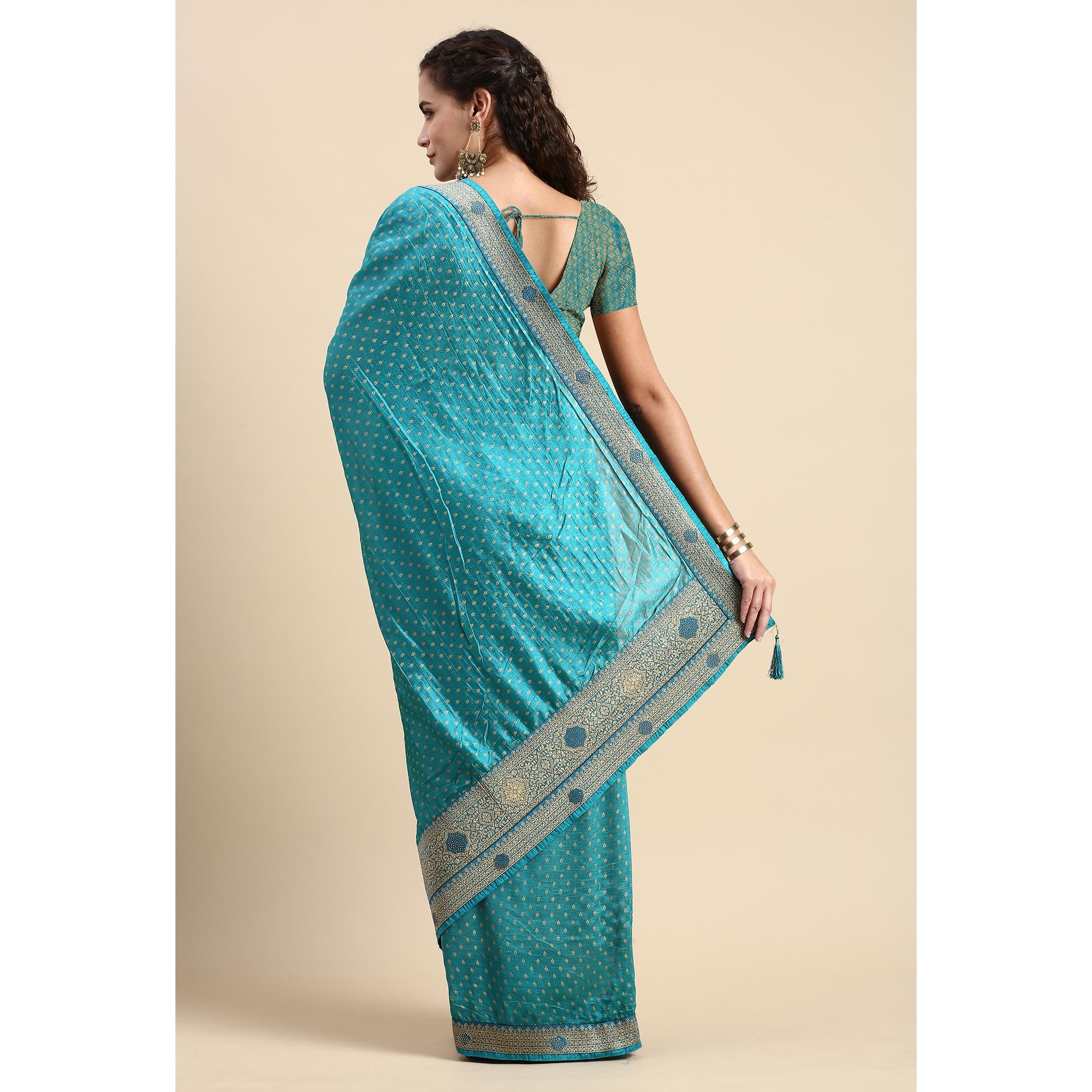 Blue Foil Printed With Swarovski Vichitra Silk Saree