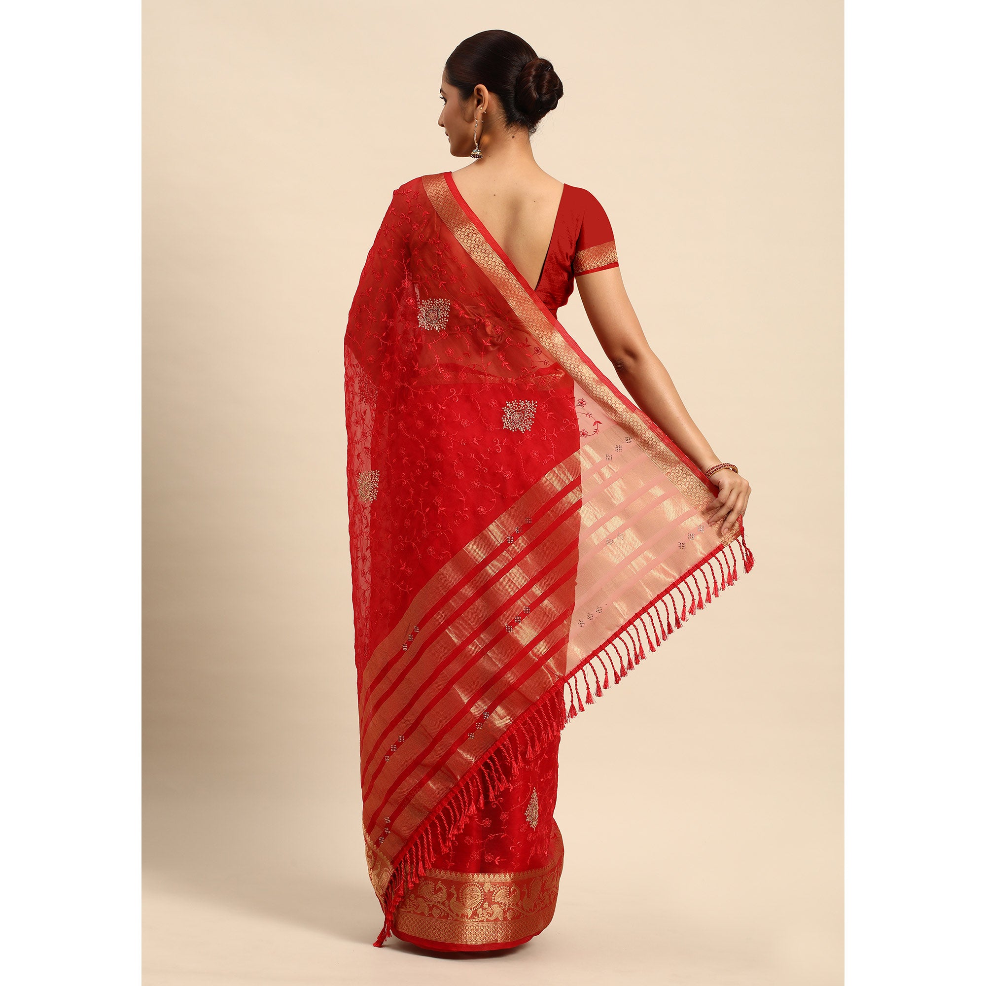 Red Floral Embroidered Organza Saree