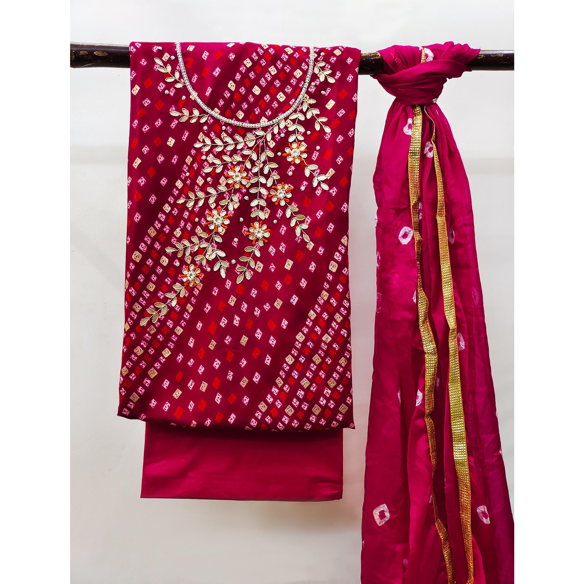 Dark Pink Printed With Handwork Pure Cotton Dress Material