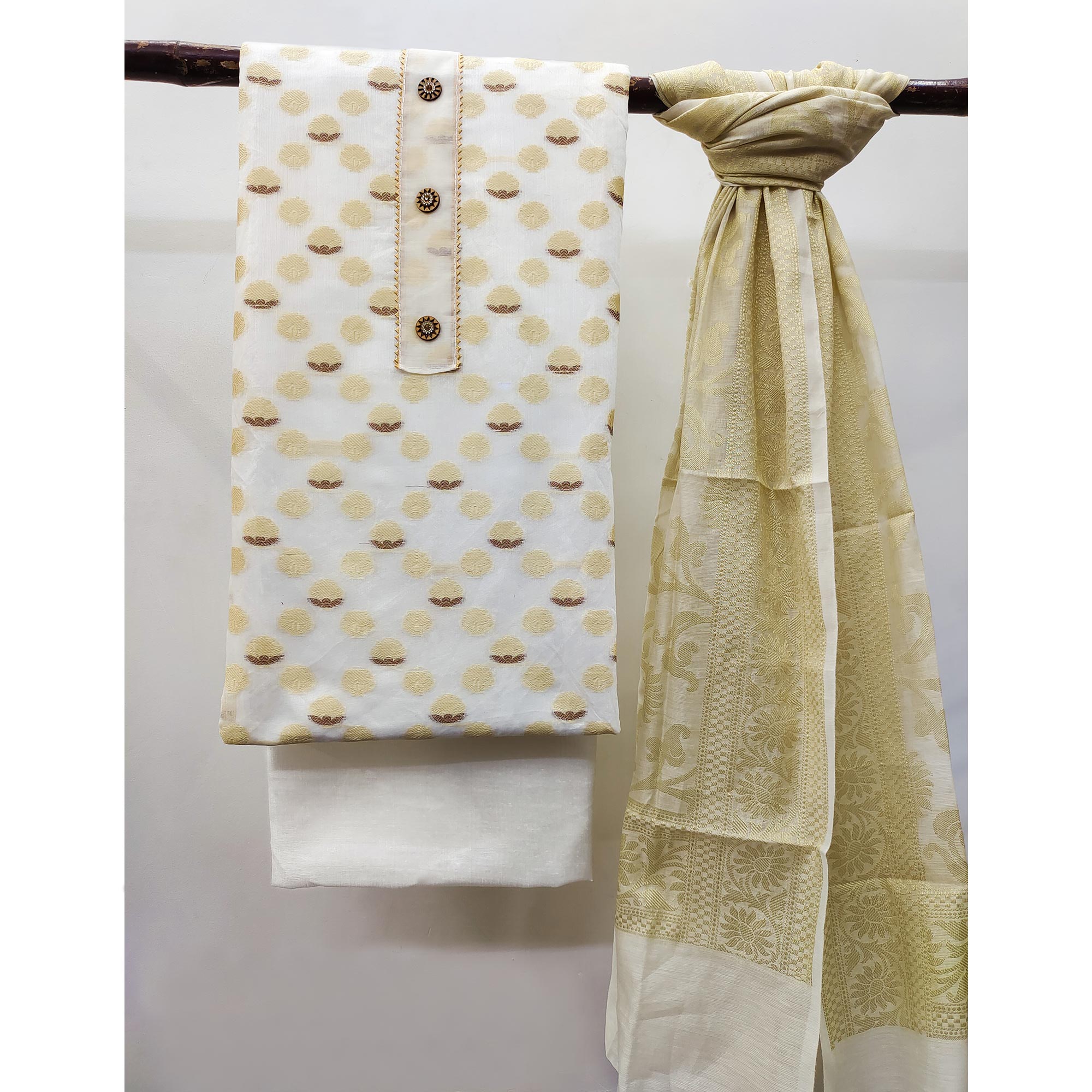 White Woven Banarasi Silk Dress Material