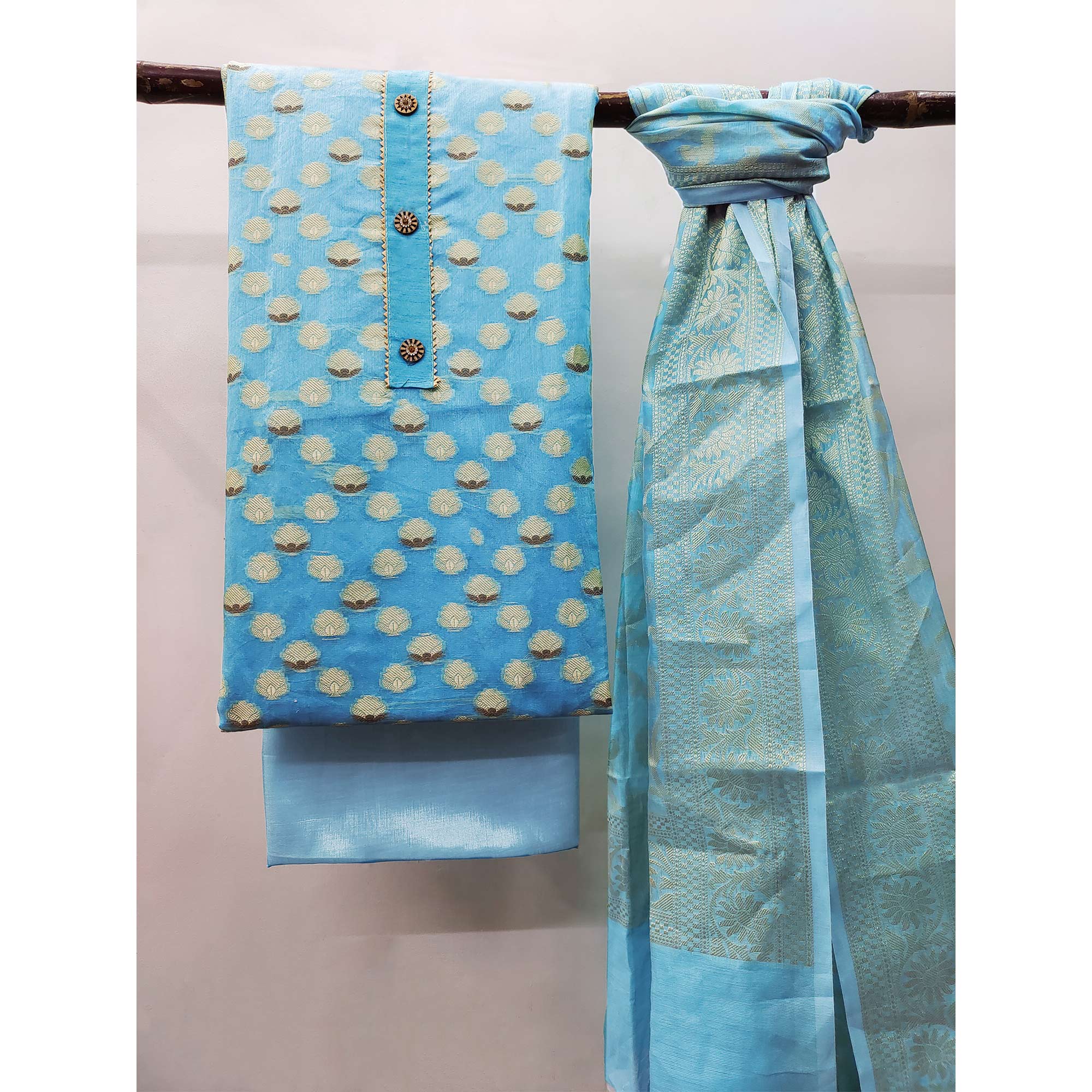 Blue Woven Banarasi Silk Dress Material