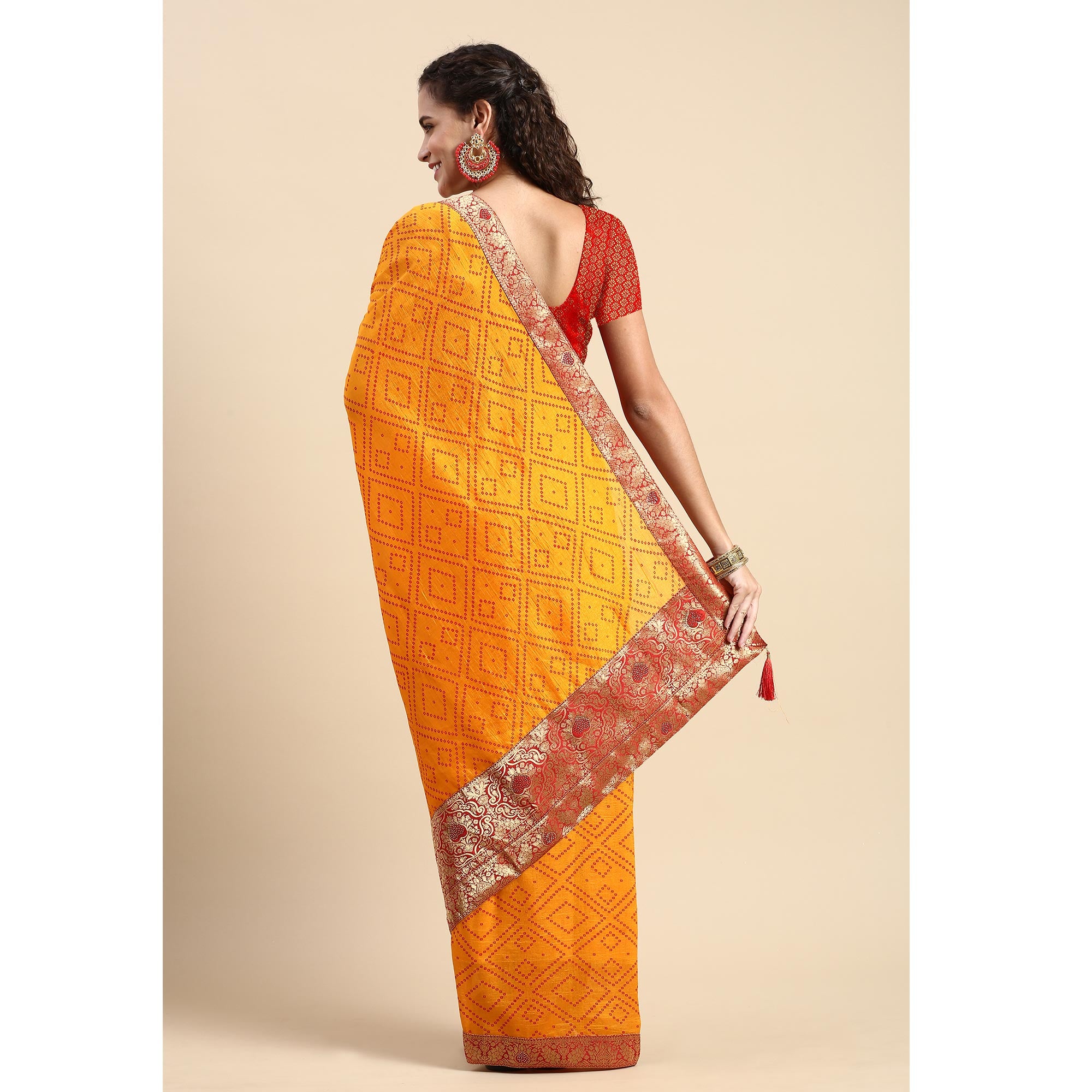 Yellow Foil Printed With Swarovski Vichitra Silk Saree