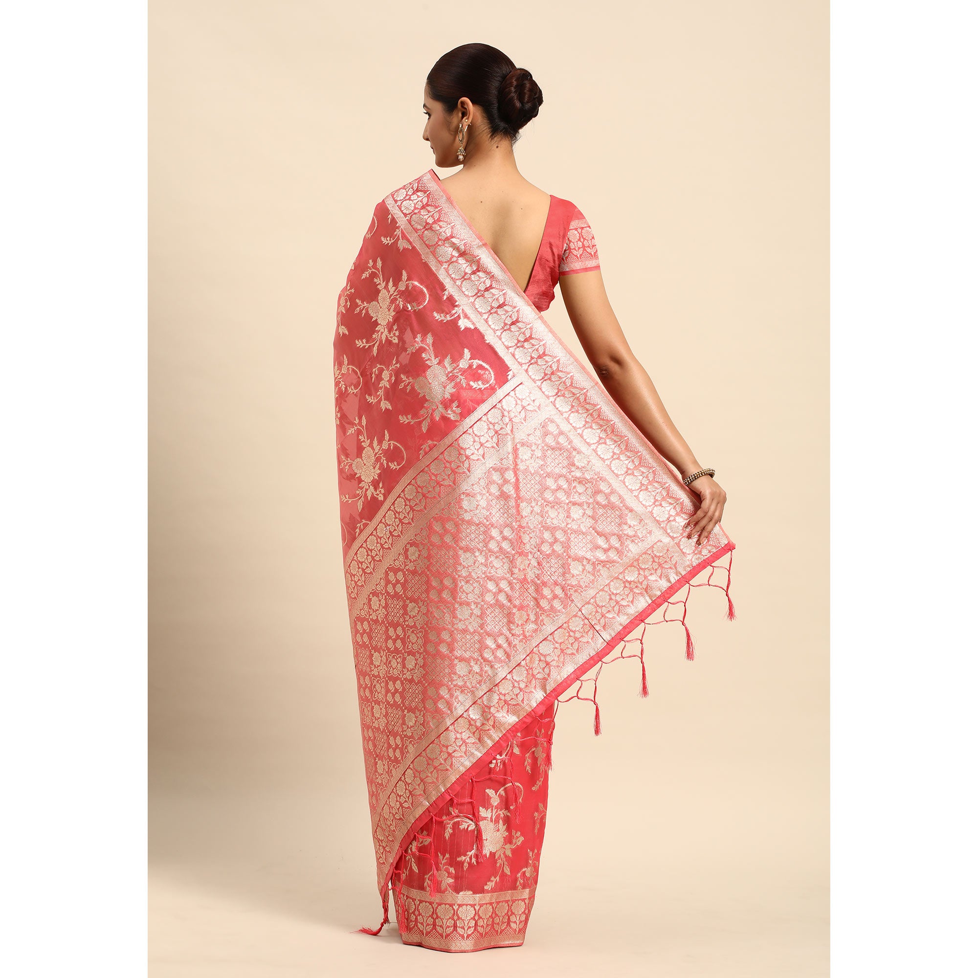 Pink Floral Woven Organza Silk Saree With Tassels