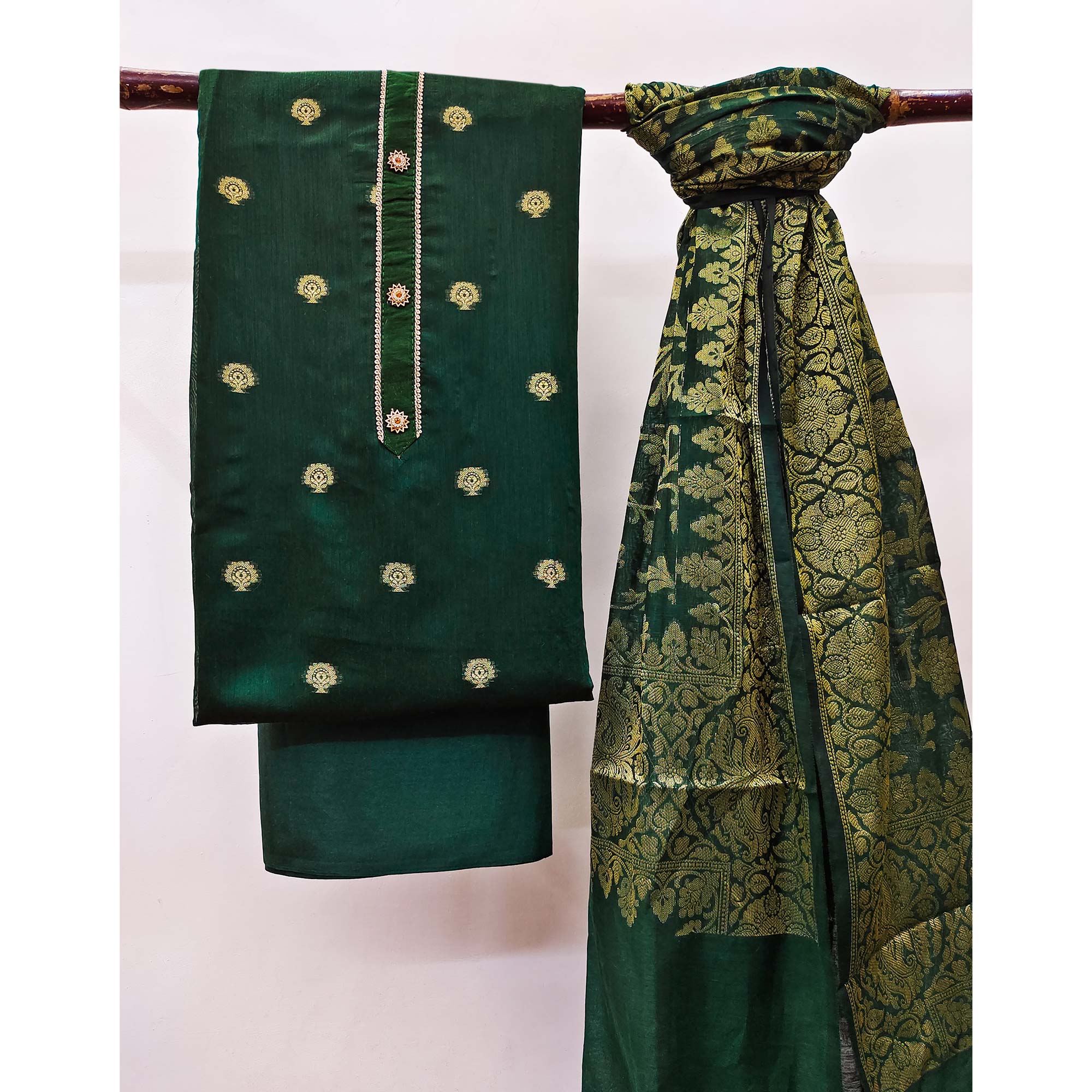Green Floral Woven Banarasi Silk Dress Material