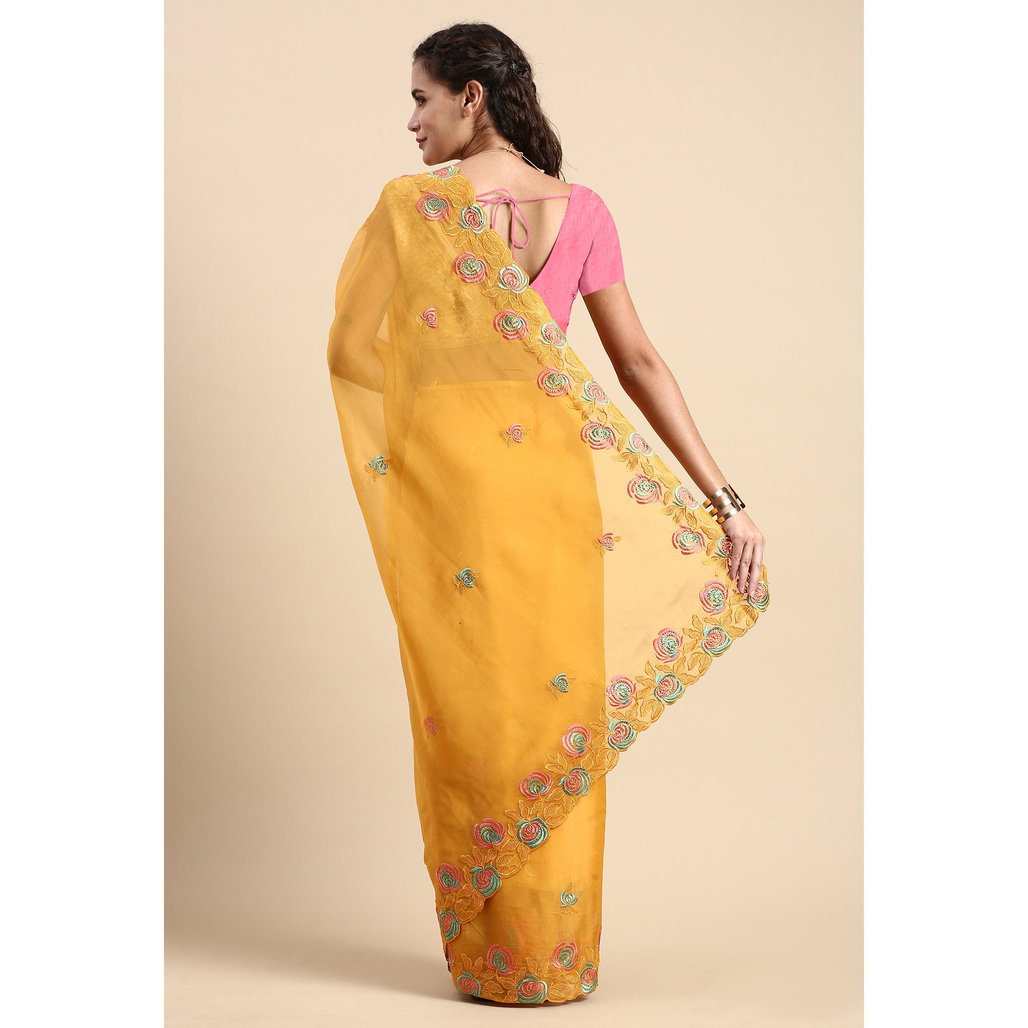 Yellow Floral Embroidered Organza Saree