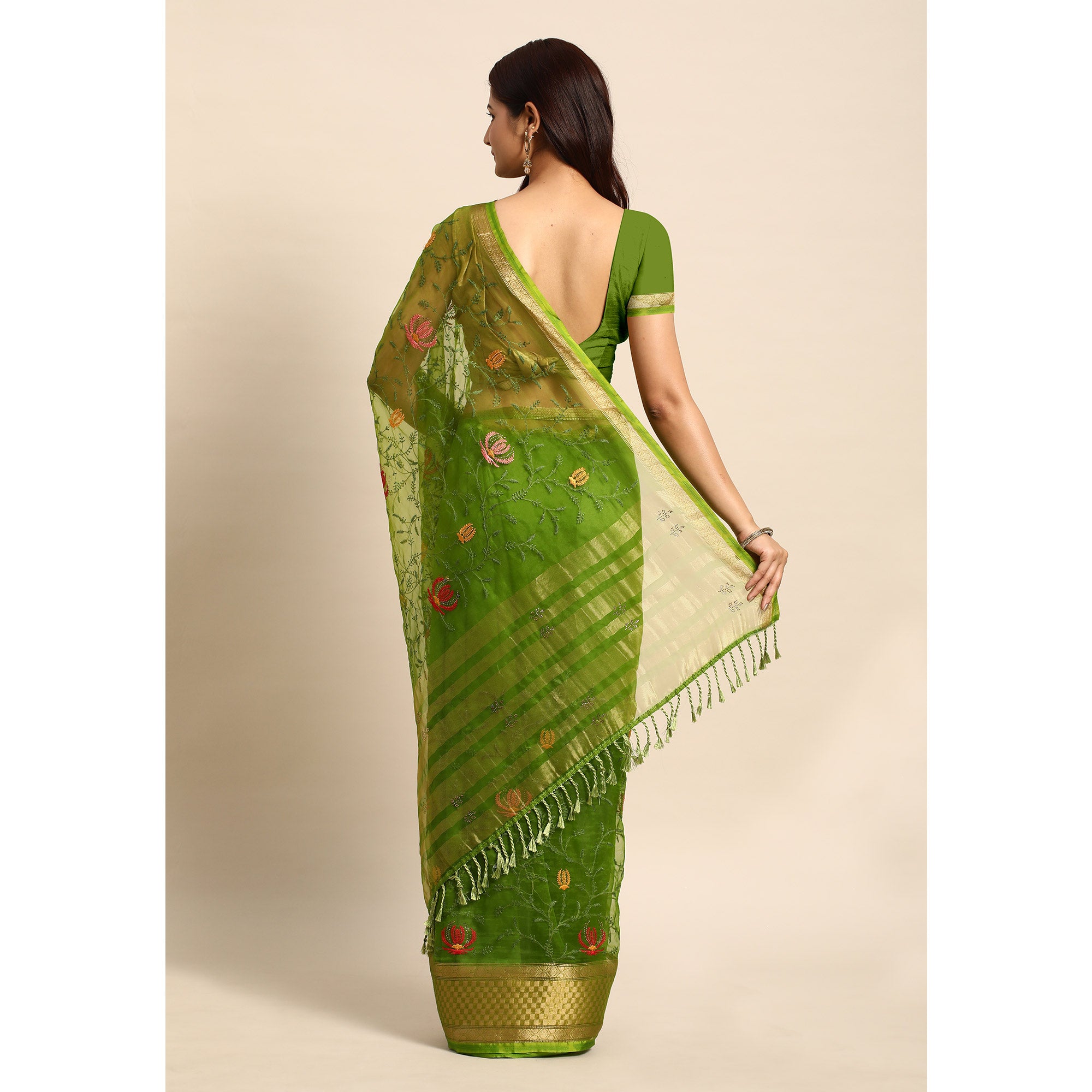 Green Floral Embroidered Organza Saree