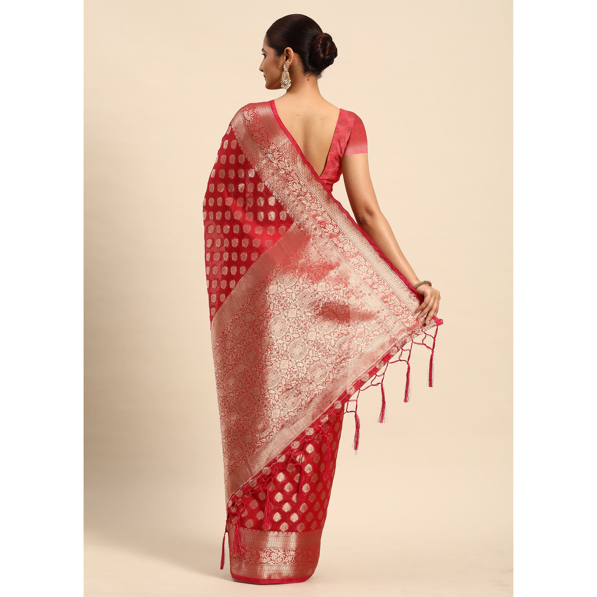 Red Woven Organza Silk Saree With Tassels