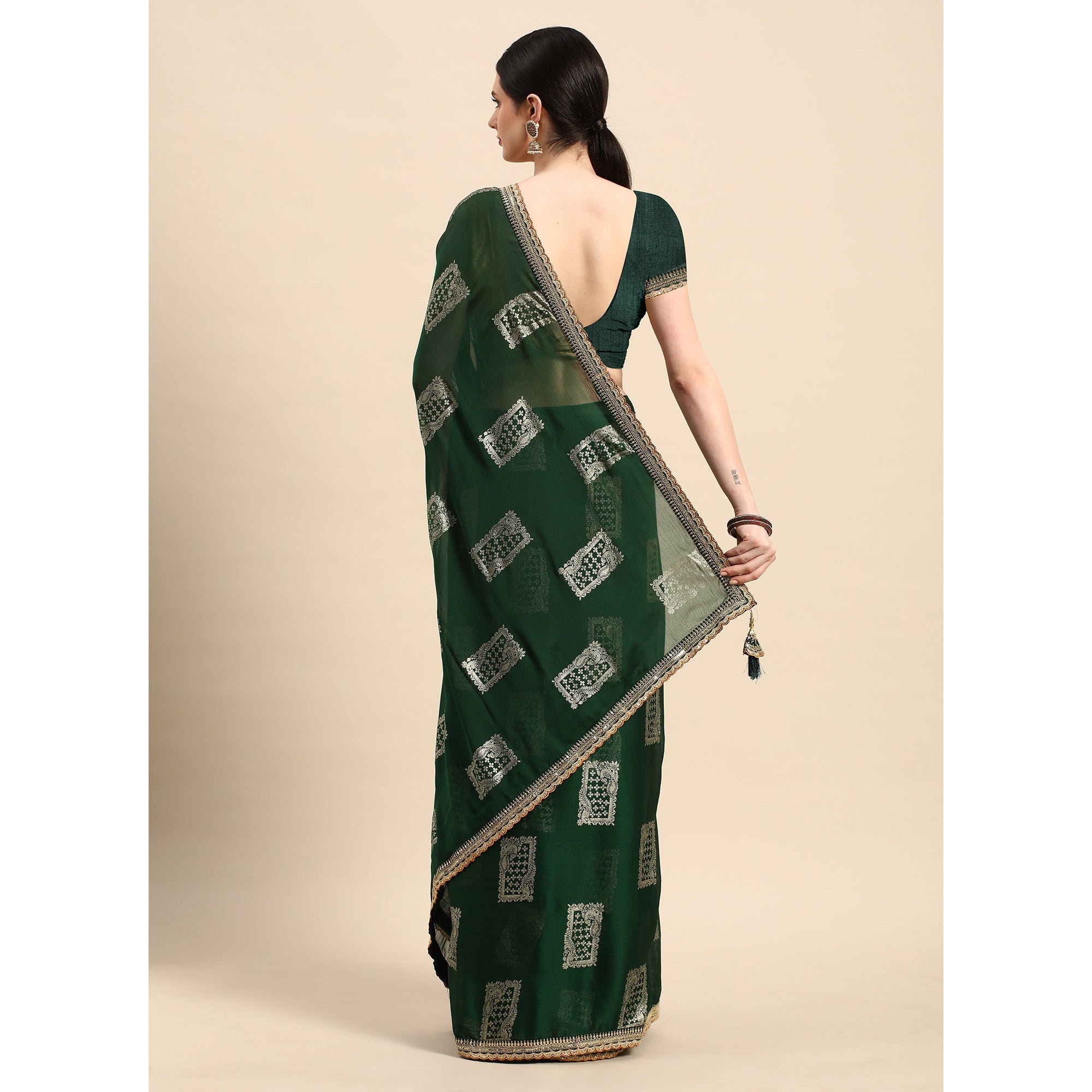 Green Foil Printed With Embroidered Border Chiffon Saree