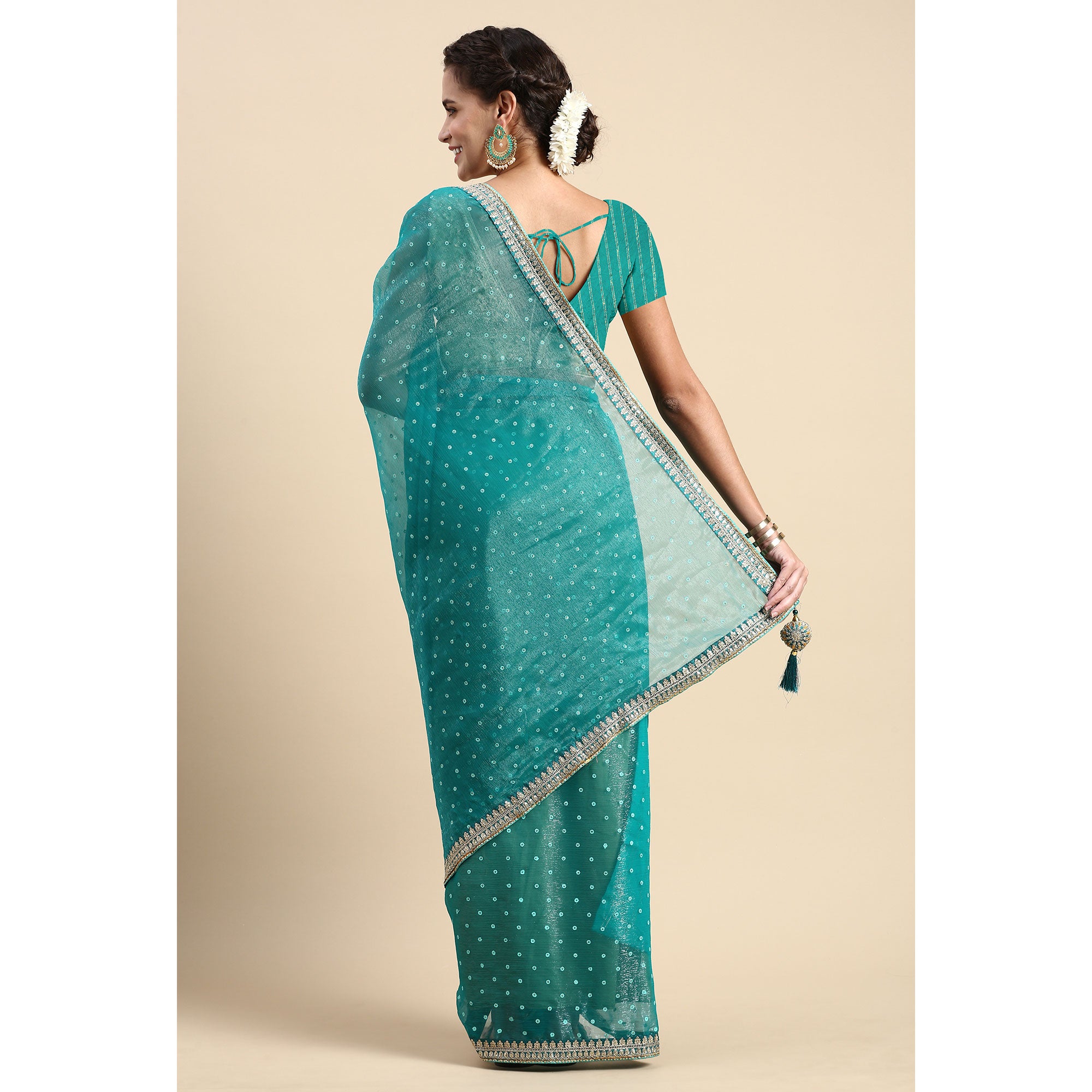 Turquoise Foil Printed With Embroidered Border Chiffon Saree