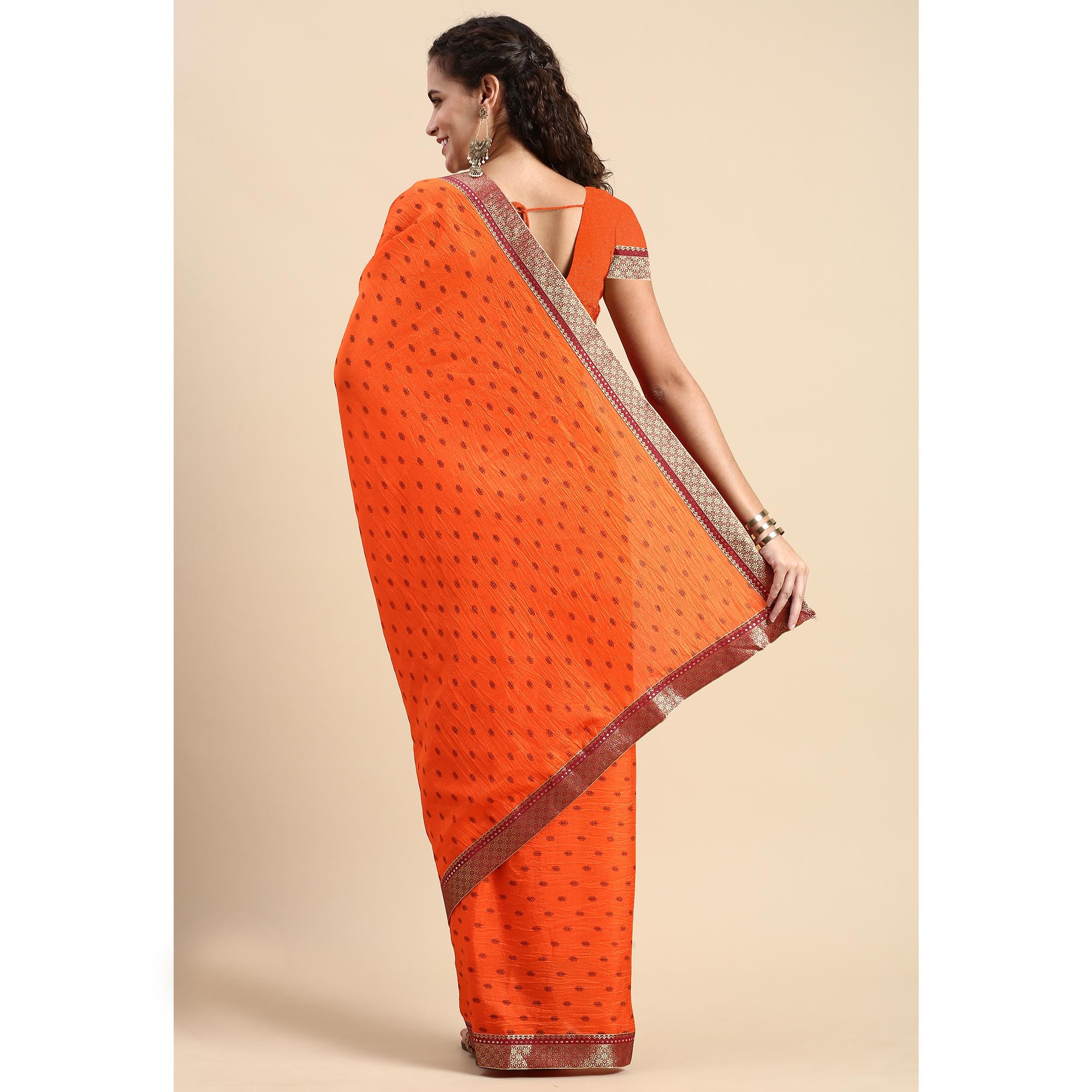 Orange Printed Vichitra Silk Saree