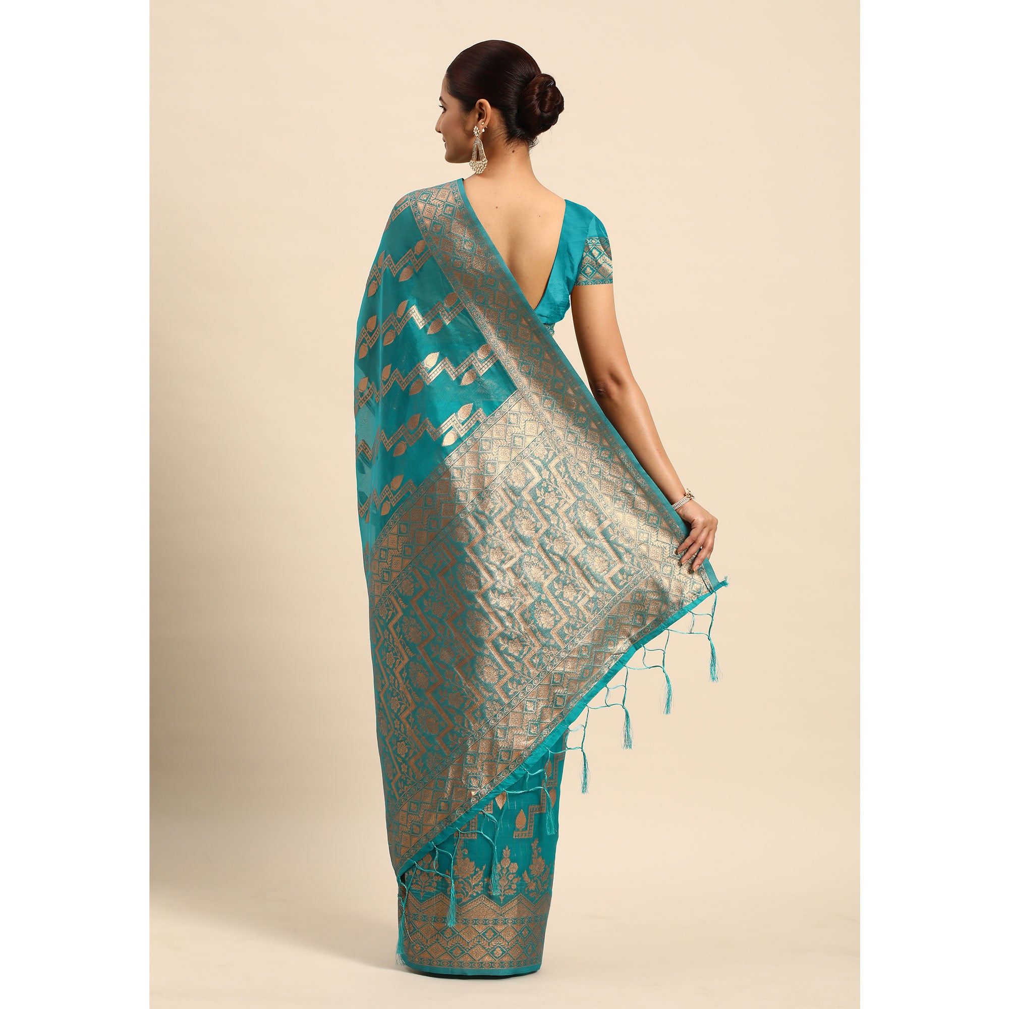 Turquoise Floral Woven Organza Silk Saree With Tassels