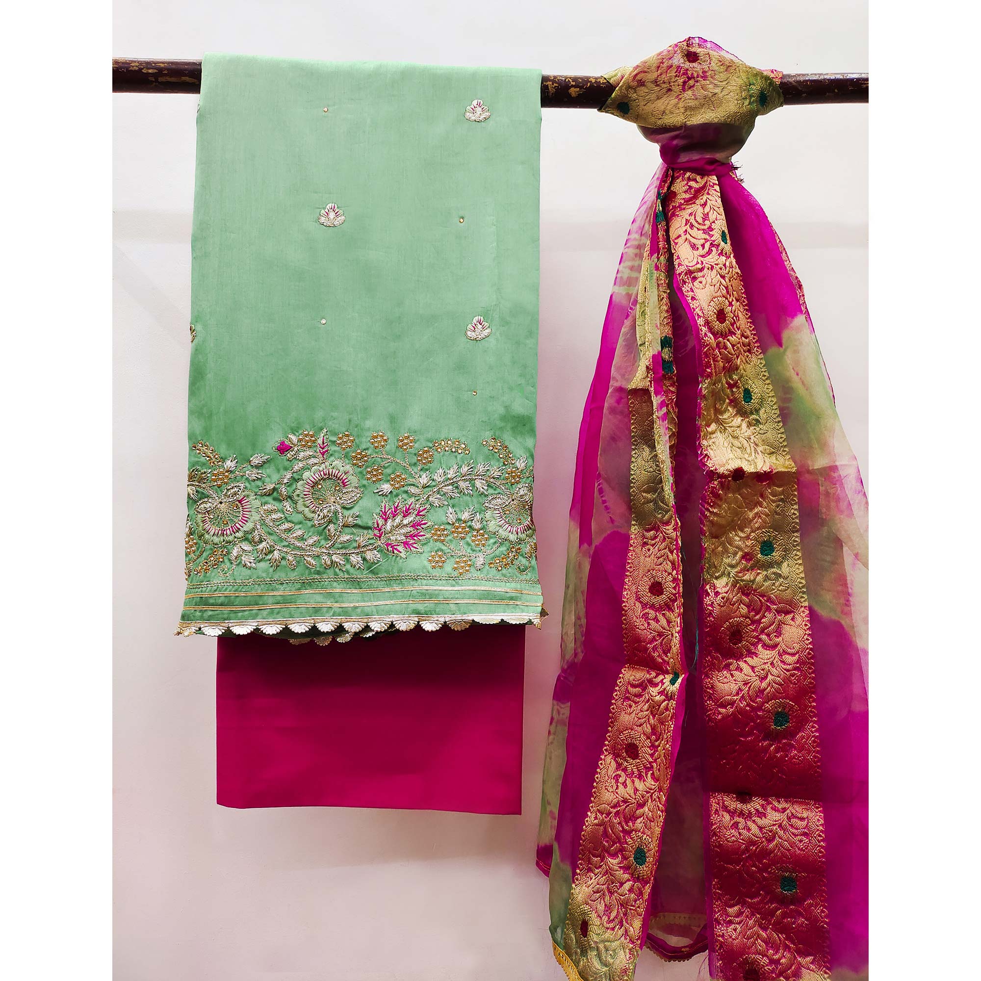 Green Floral Embroidered Pure Cotton Dress Material