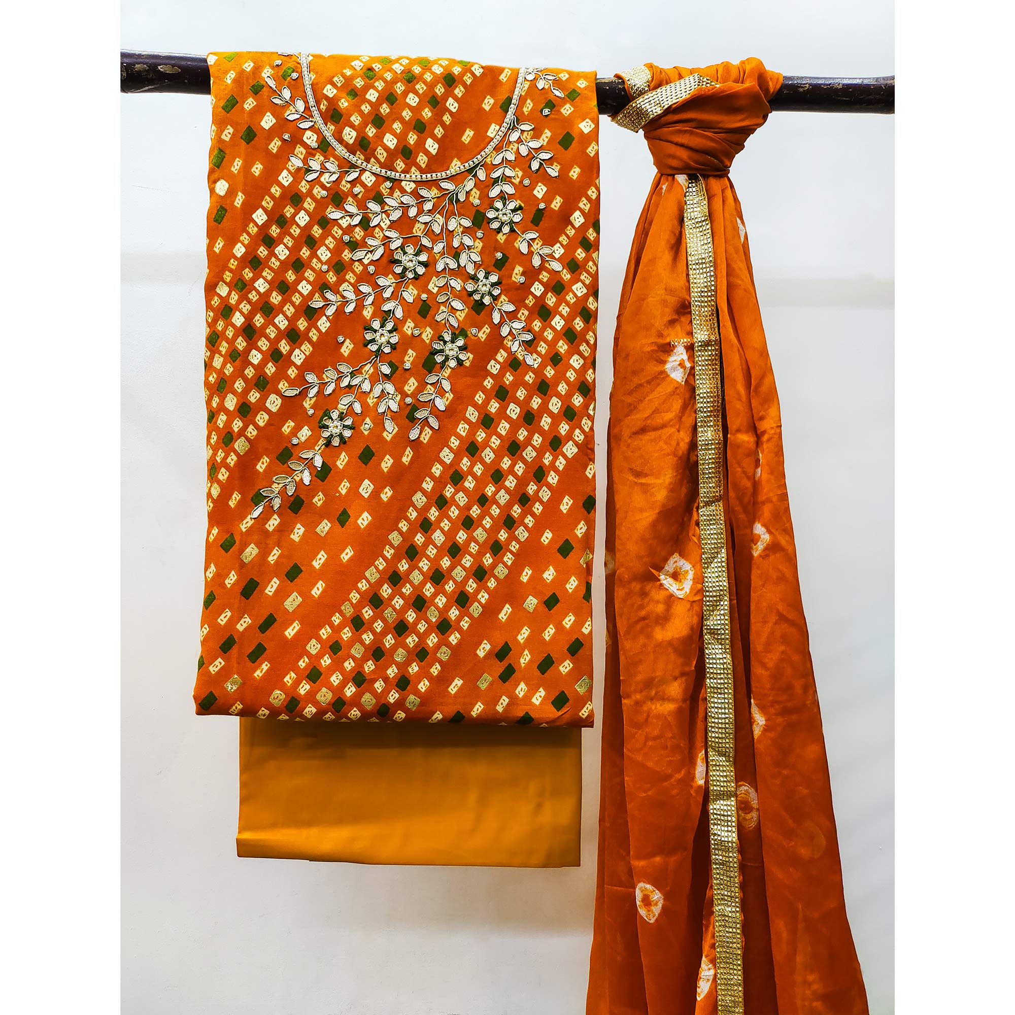 Mustard Printed With Handwork Pure Cotton Dress Material