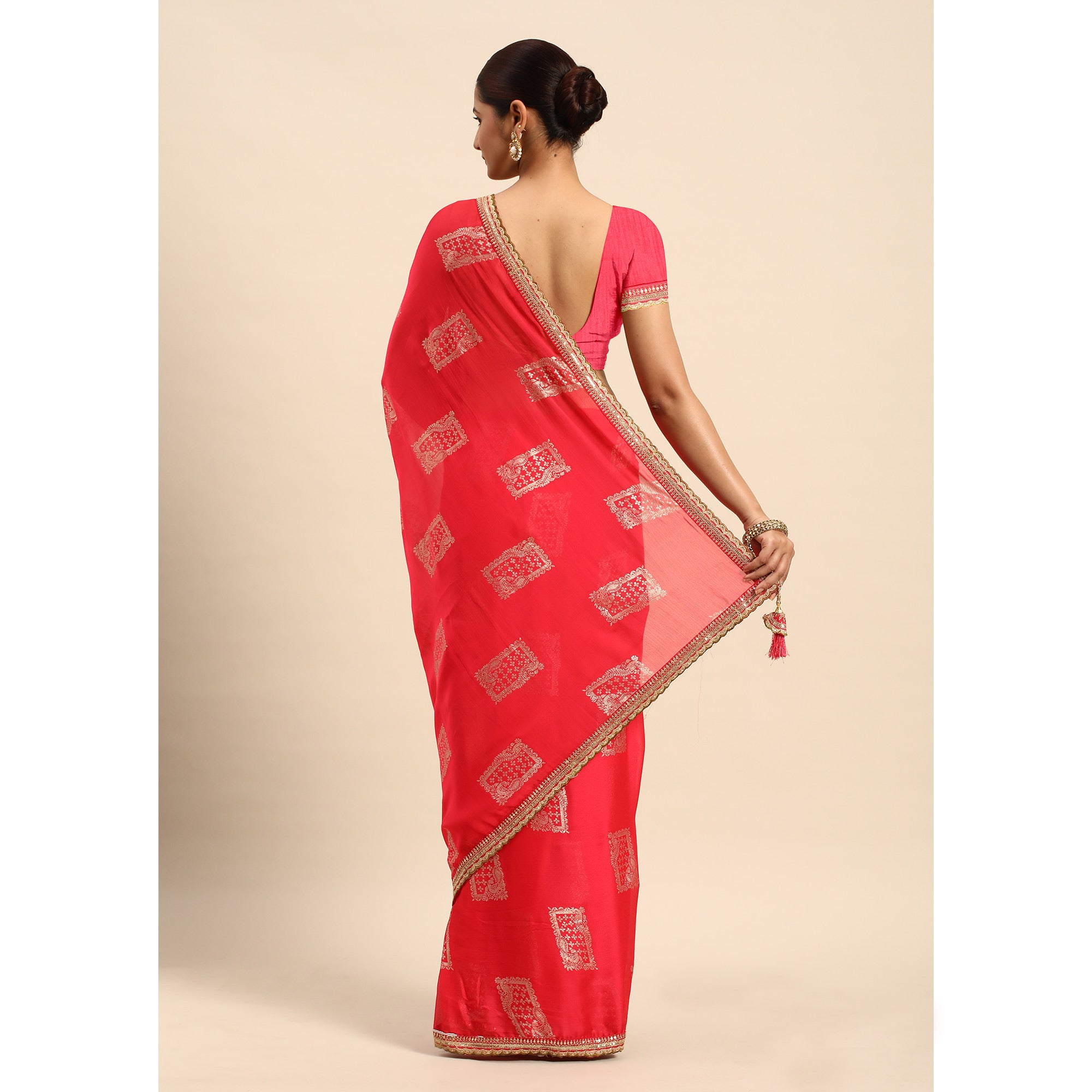 Pink Foil Printed With Embroidered Border Chiffon Saree