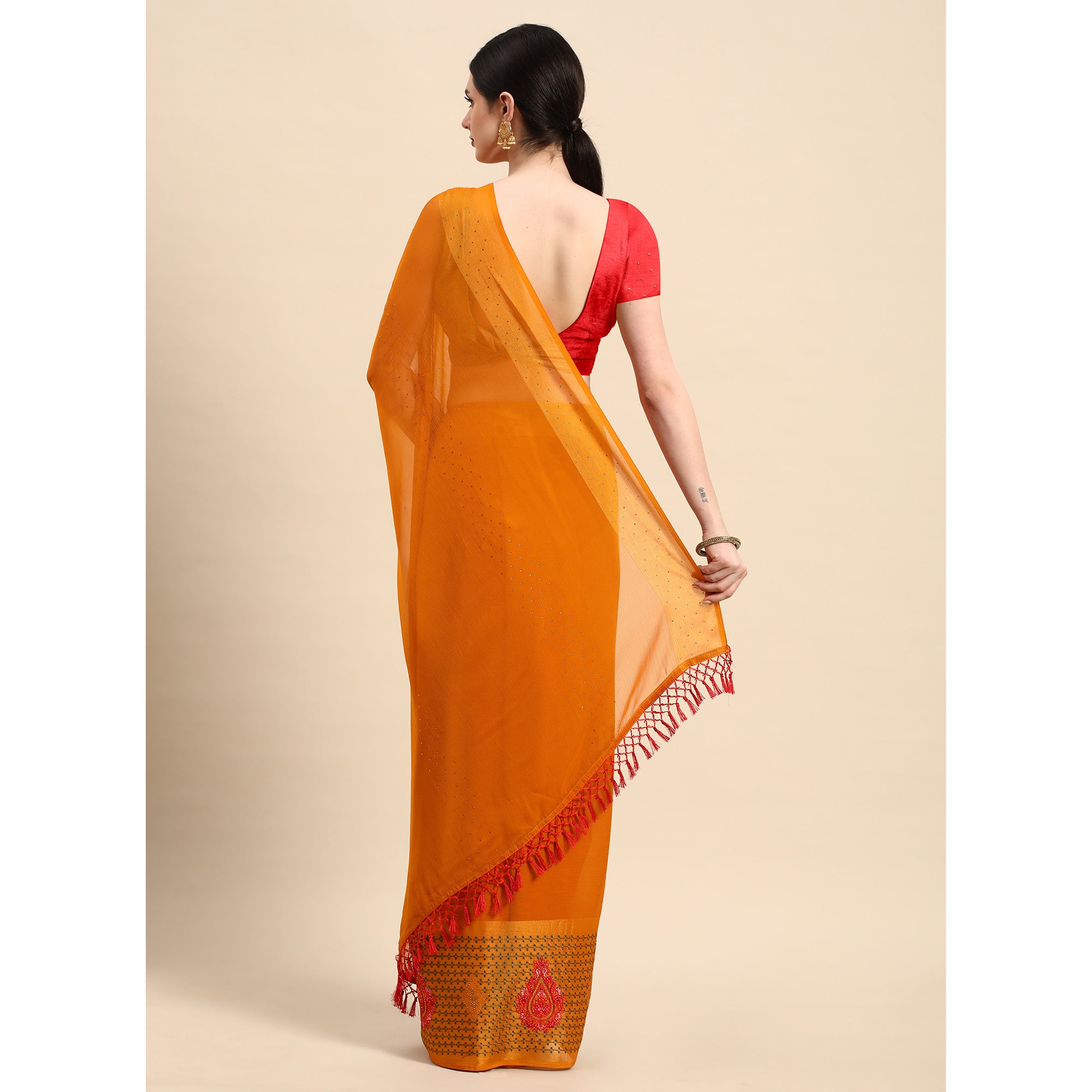 Yellow Swarovski With Embroidery Work Viscose Chiffon Saree