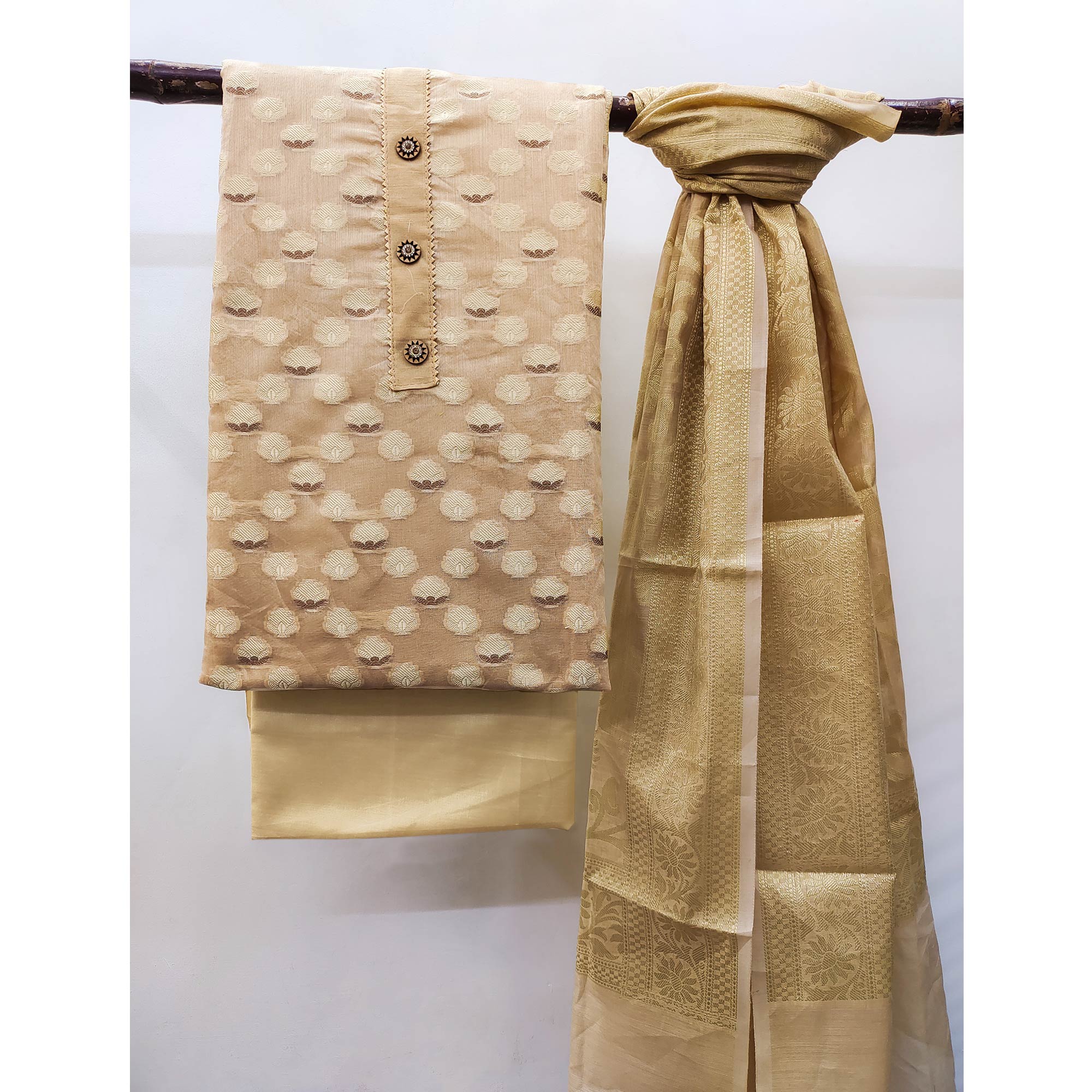 Chikoo Woven Banarasi Silk Dress Material