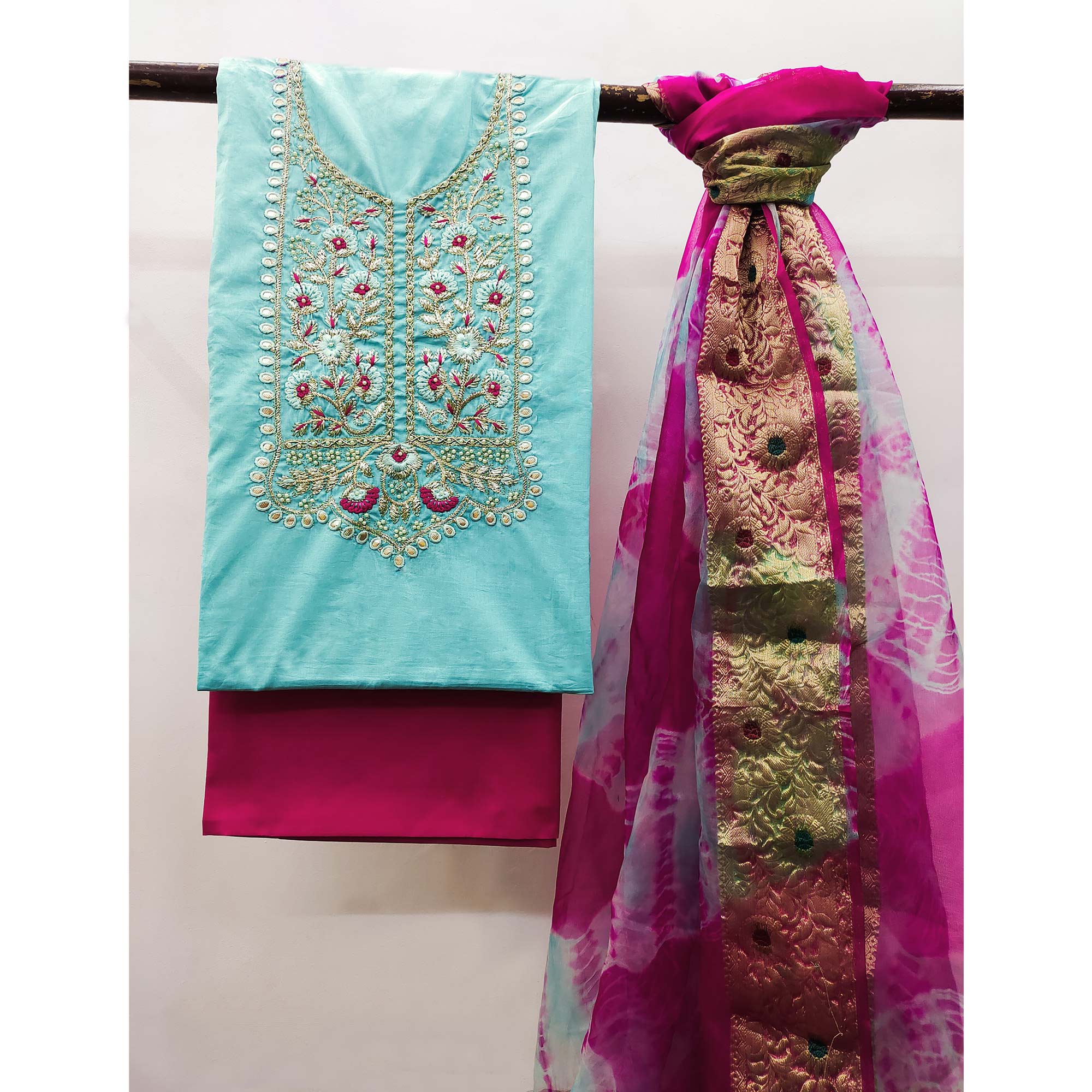 Blue Floral Embroidered Pure Cotton Dress Material