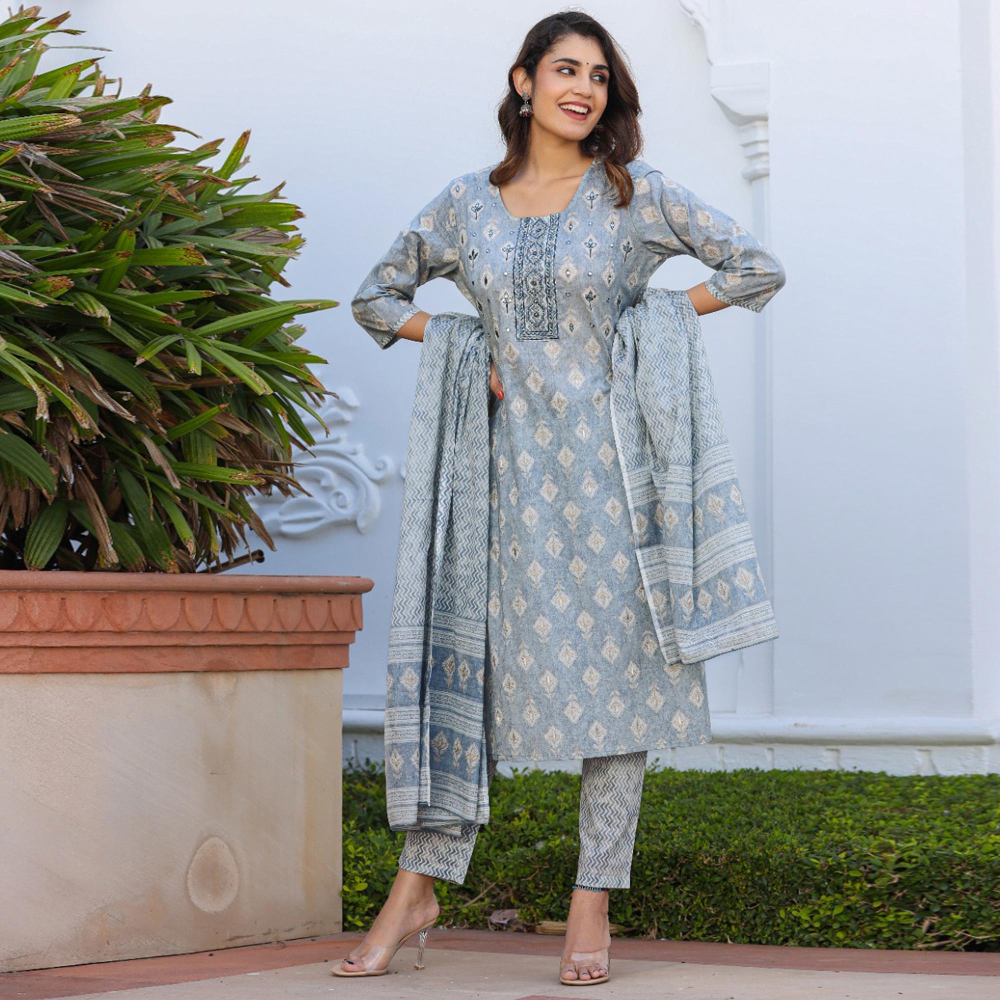 Grey Jaipuri Printed Pure Cotton Suit