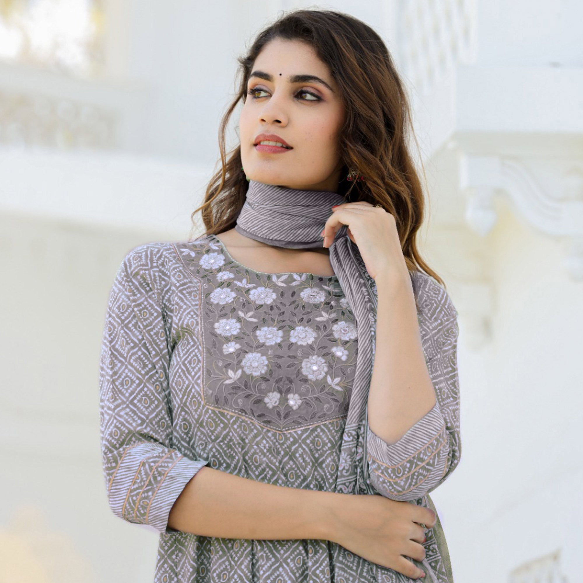 Grey Printed With Embroidered Pure Cotton Anarkali Suit