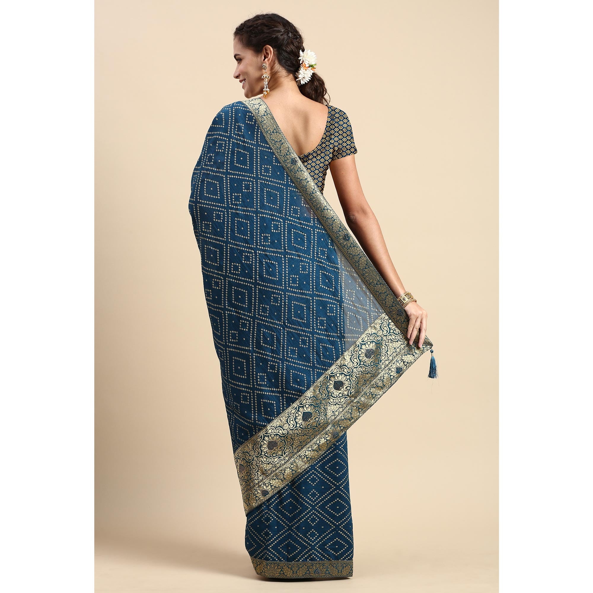 Blue Foil Printed With Swarovski Vichitra Silk Saree