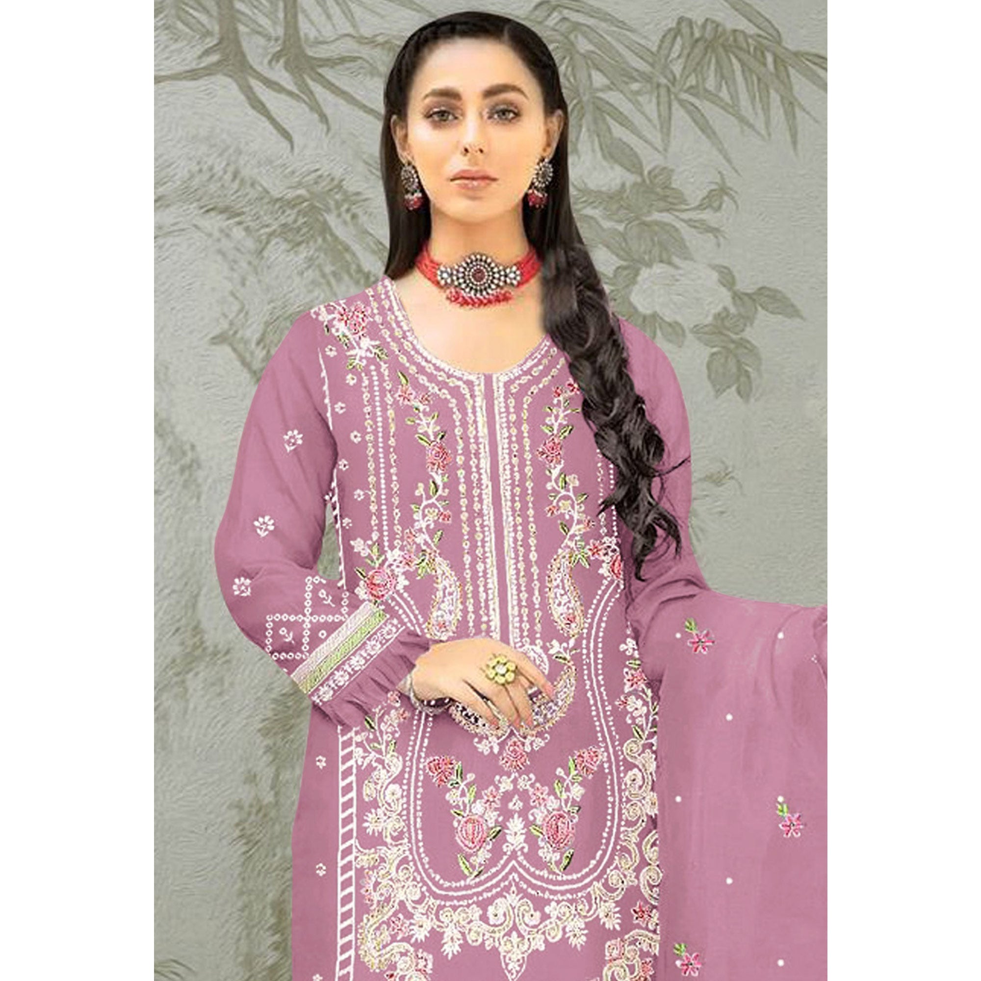 Pink Floral Embroidered Organza Semi Stitched Pakistani Suit