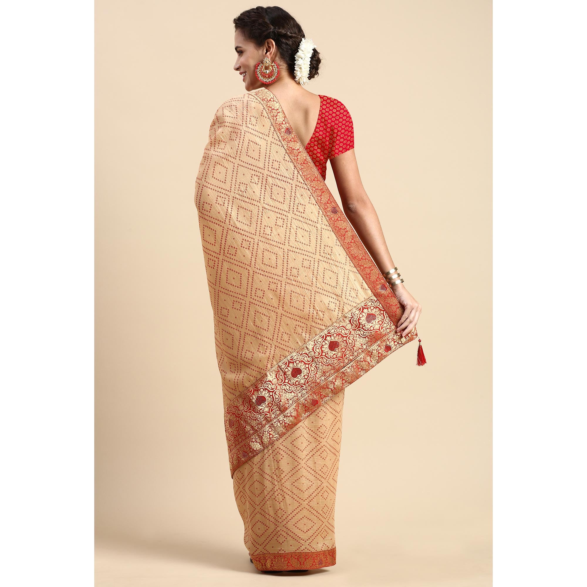 Beige Foil Printed With Swarovski Vichitra Silk Saree