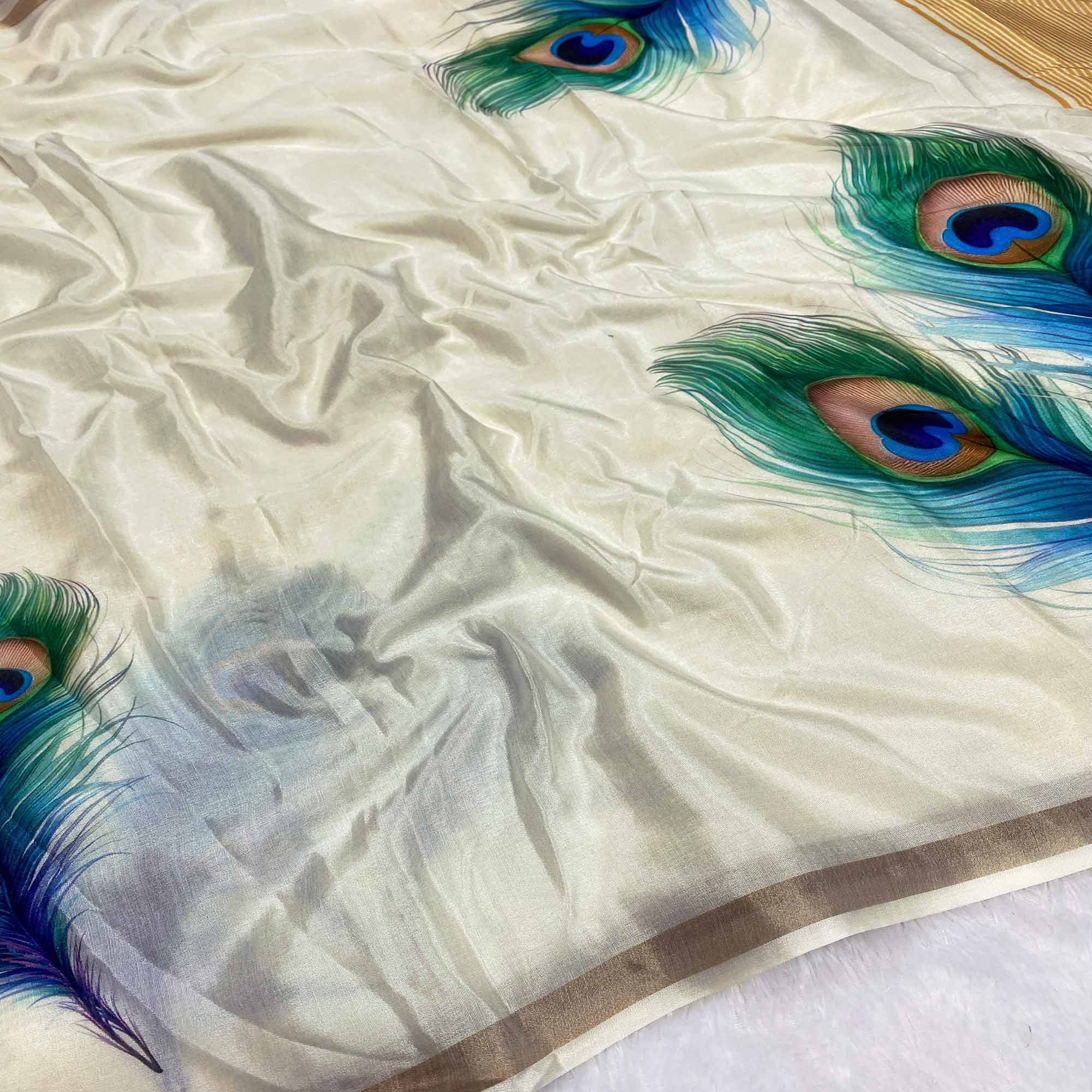 Charming Off White Soft Tussar Cotton Silk Saree with Peacock Feathers Print