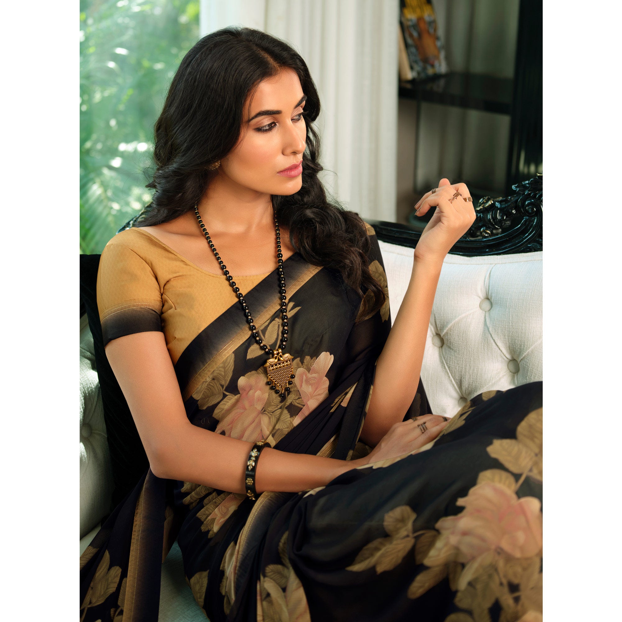 Black Floral Printed Georgette Saree