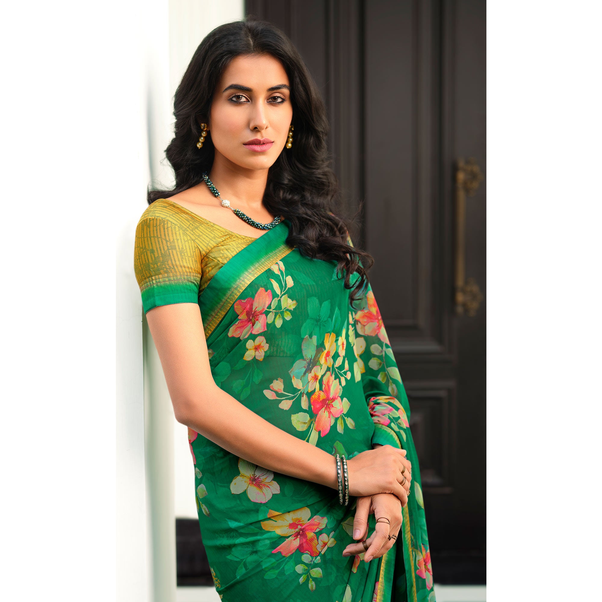 Green Floral Printed Georgette Saree