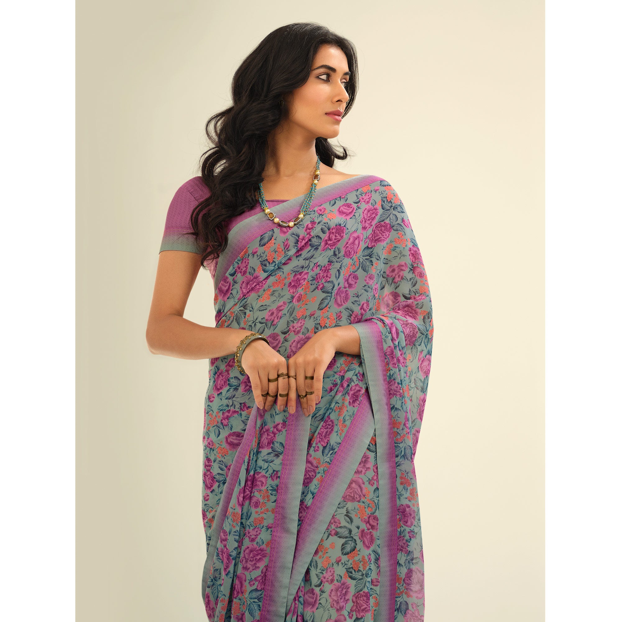 Grey Floral Printed Georgette Saree