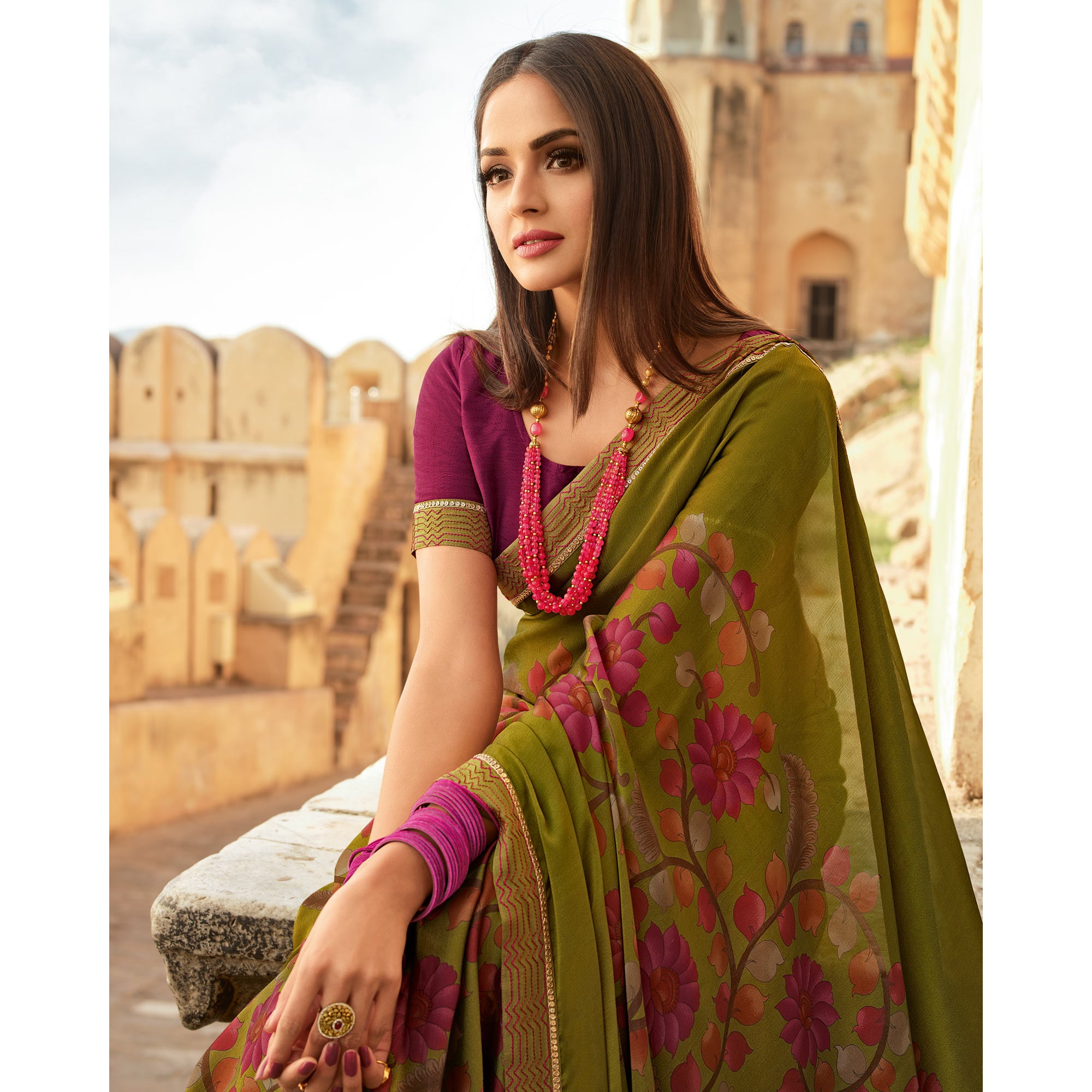 Green Floral Printed With Embroidered Border Silk Saree