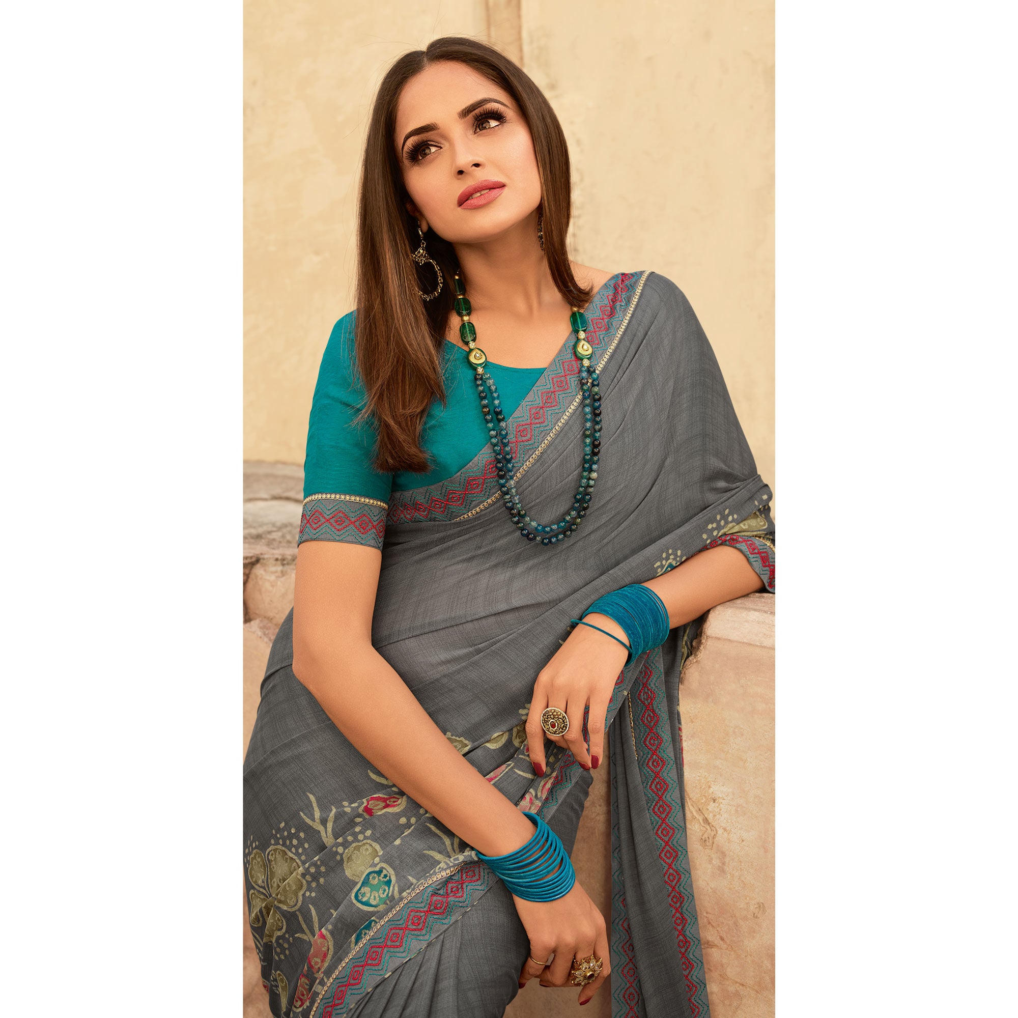 Grey Floral Printed With Embroidered Border Silk Saree