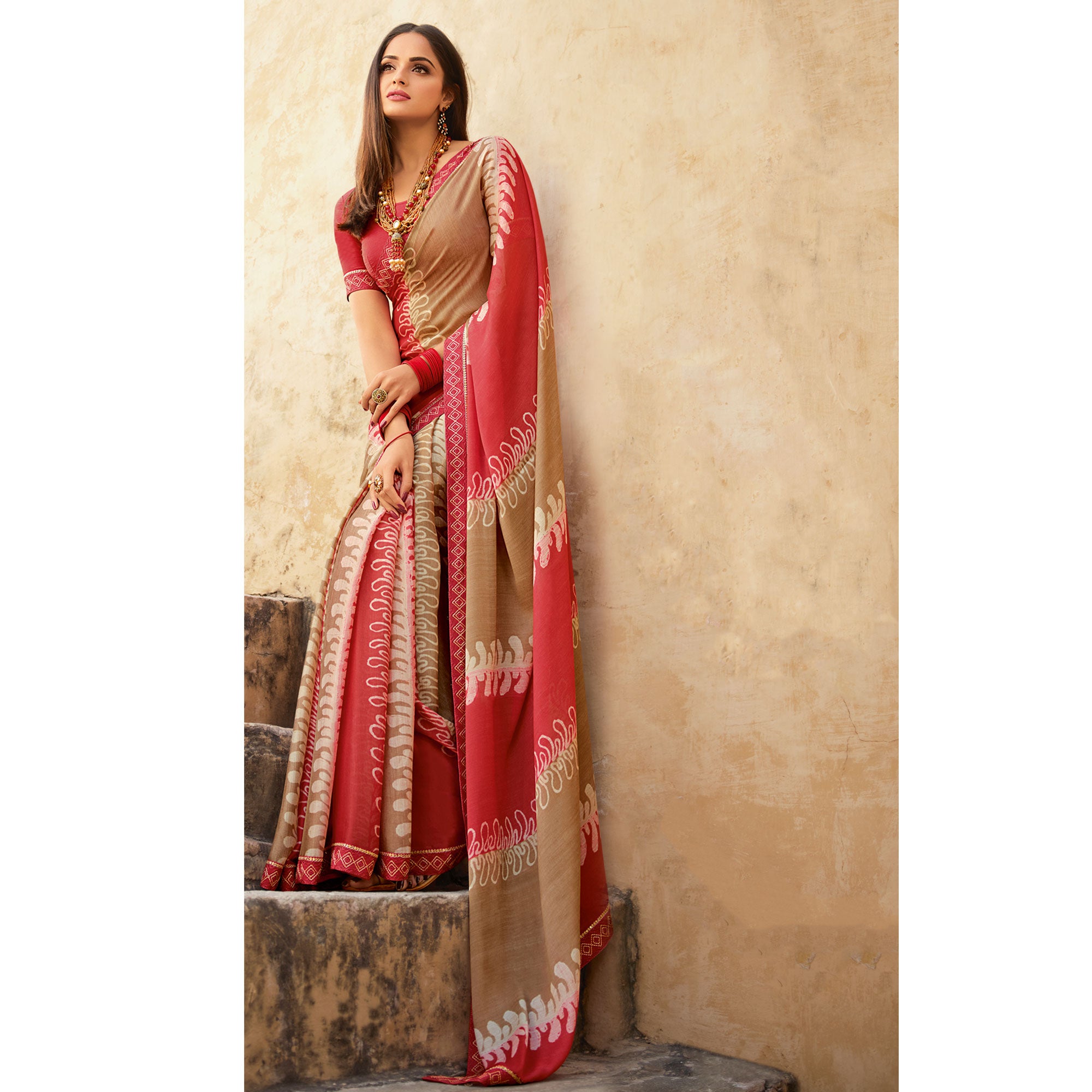 Pink & Brown Printed With Embroidered Border Georgette Saree