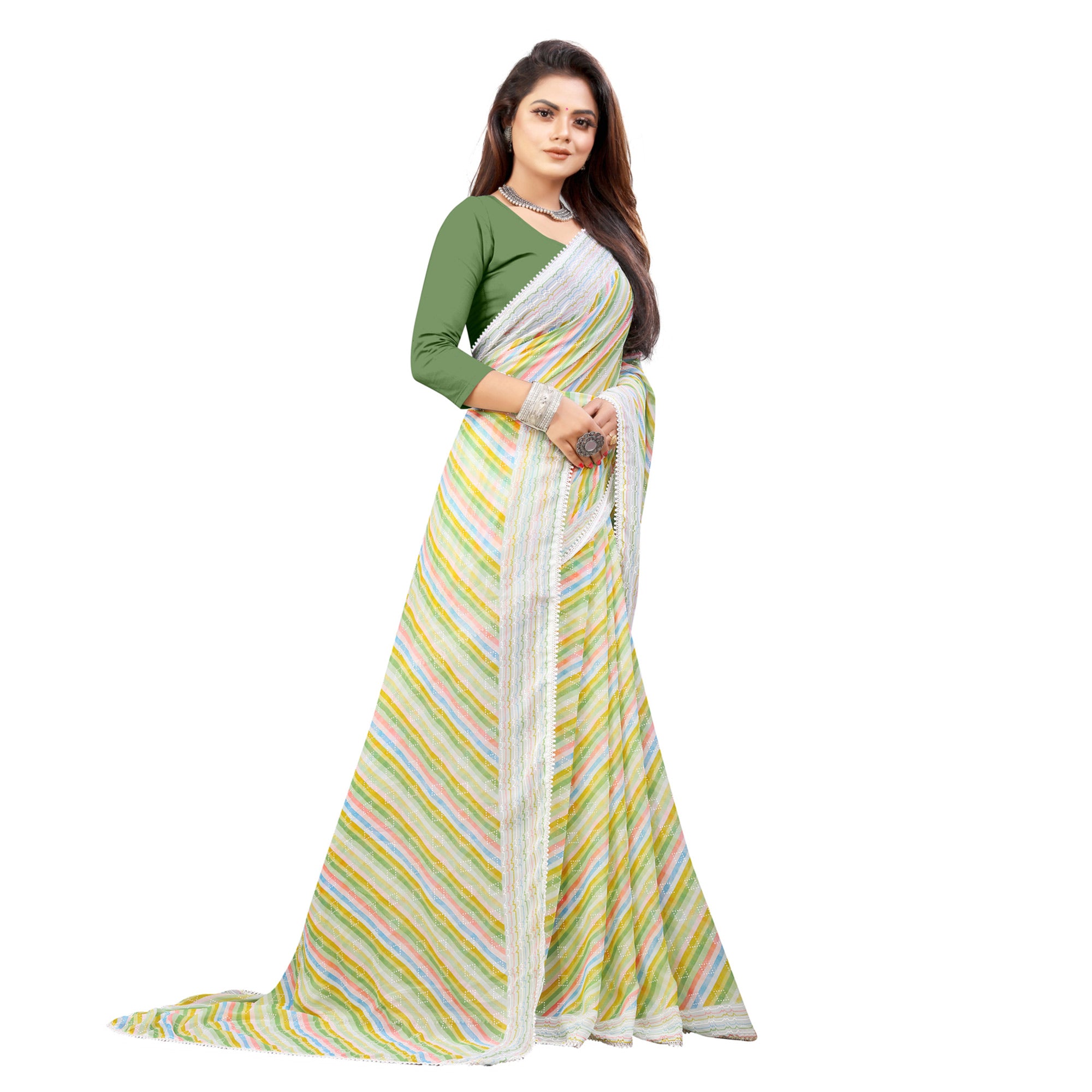 Green Striped Printed Georgette Saree