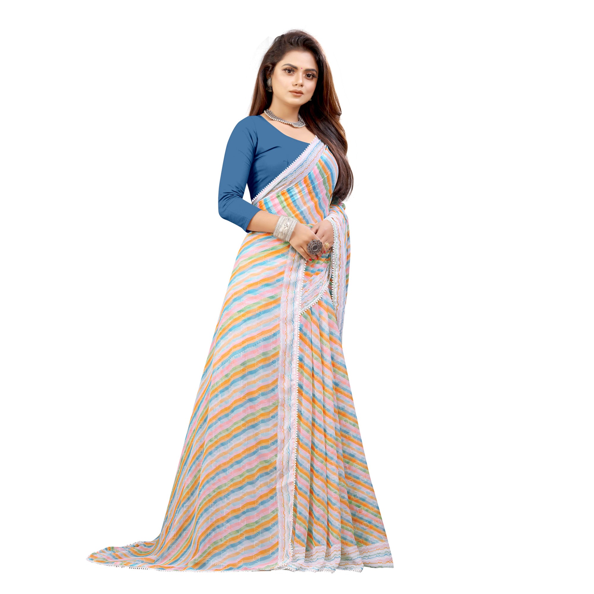 Grey Striped Printed Georgette Saree