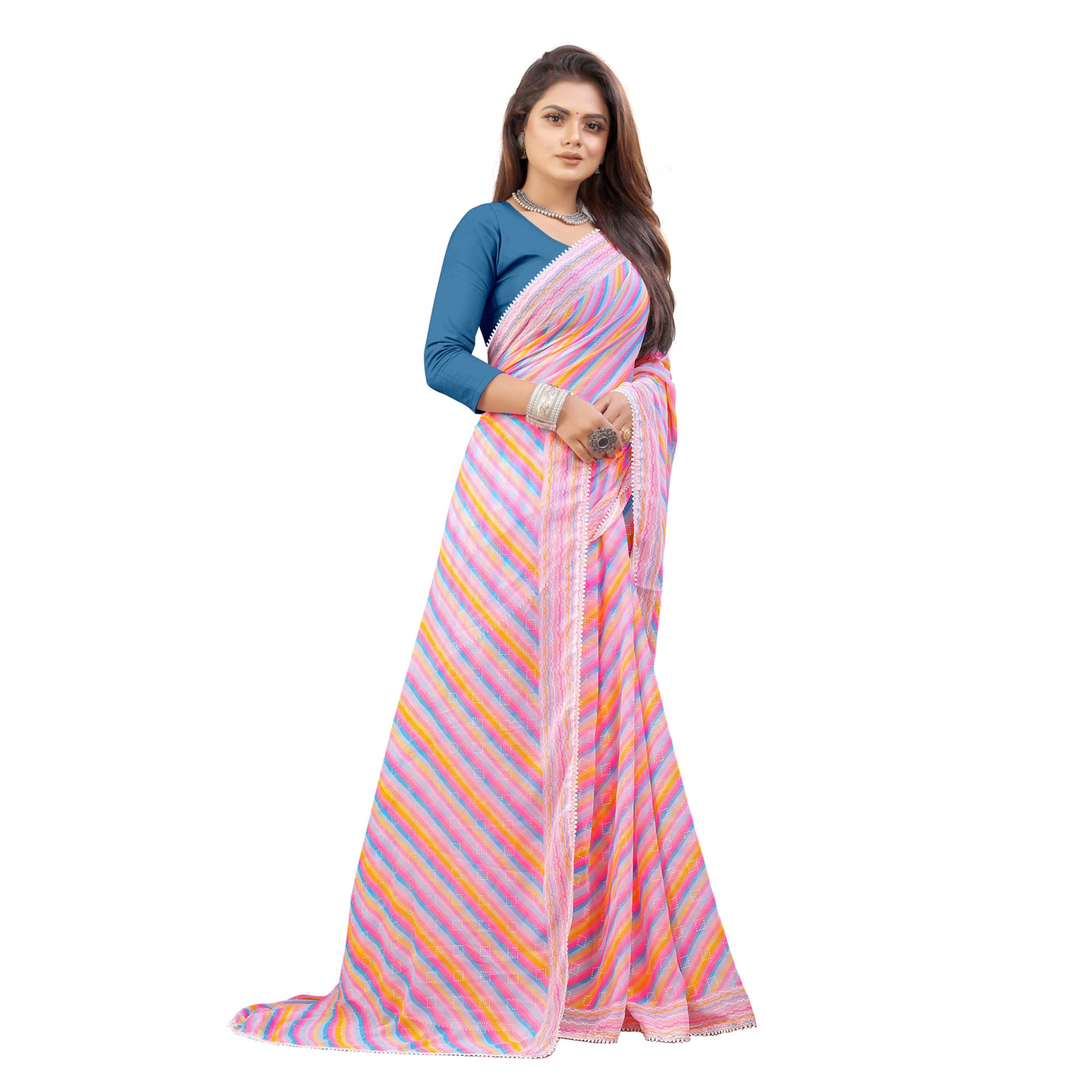 Pink Striped Printed Georgette Saree