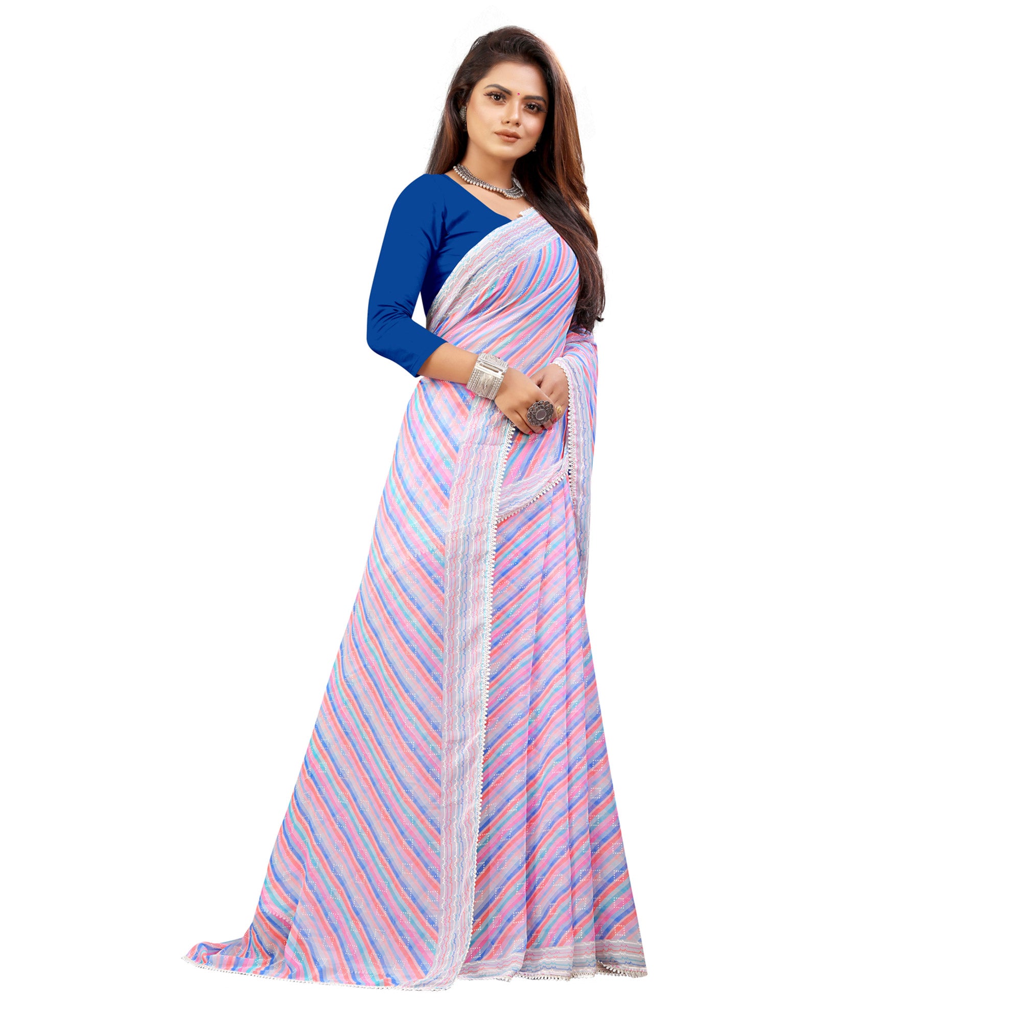 Purple Striped Printed Georgette Saree