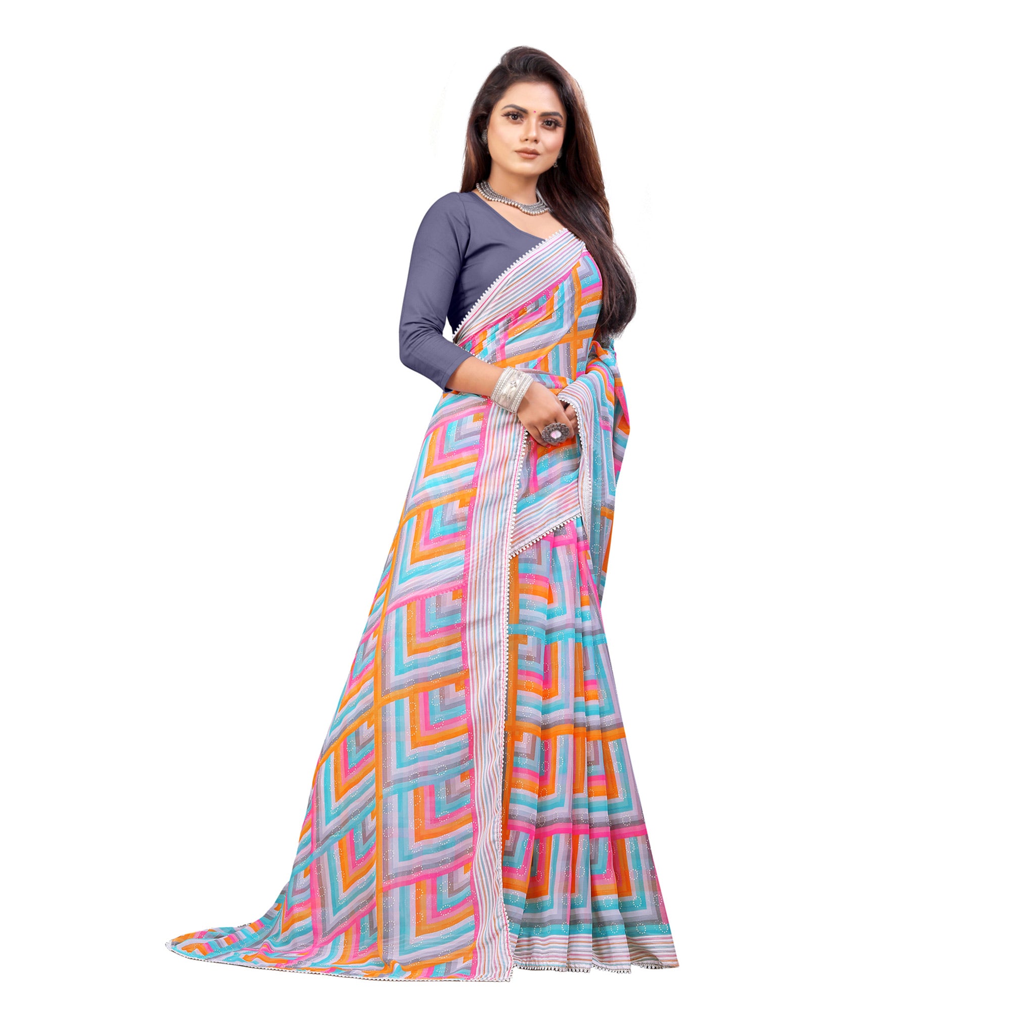 Blue & Grey Checked Printed Georgette Saree