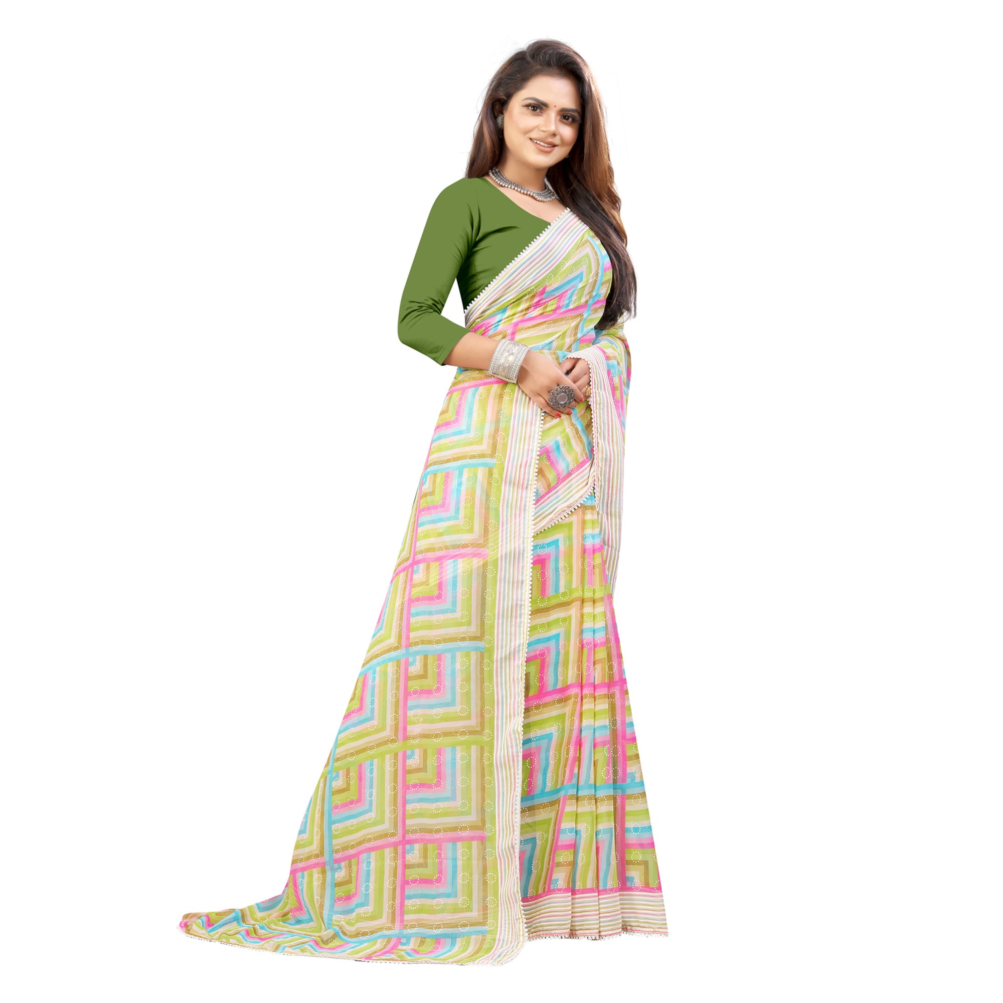 Light Green Checked Printed Georgette Saree