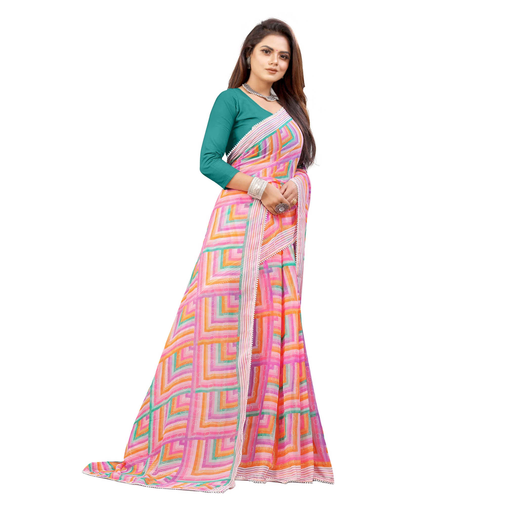 Pink Checked Printed Georgette Saree