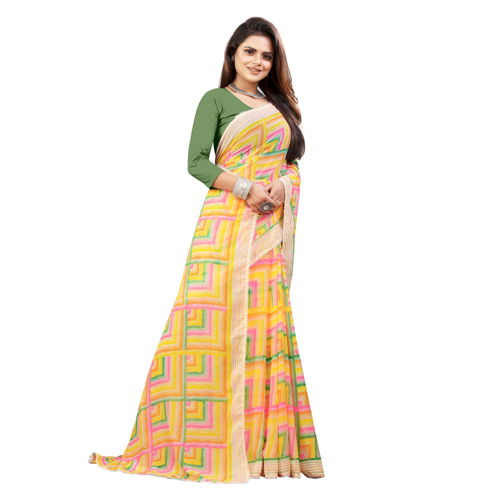 Yellow Checked Printed Georgette Saree