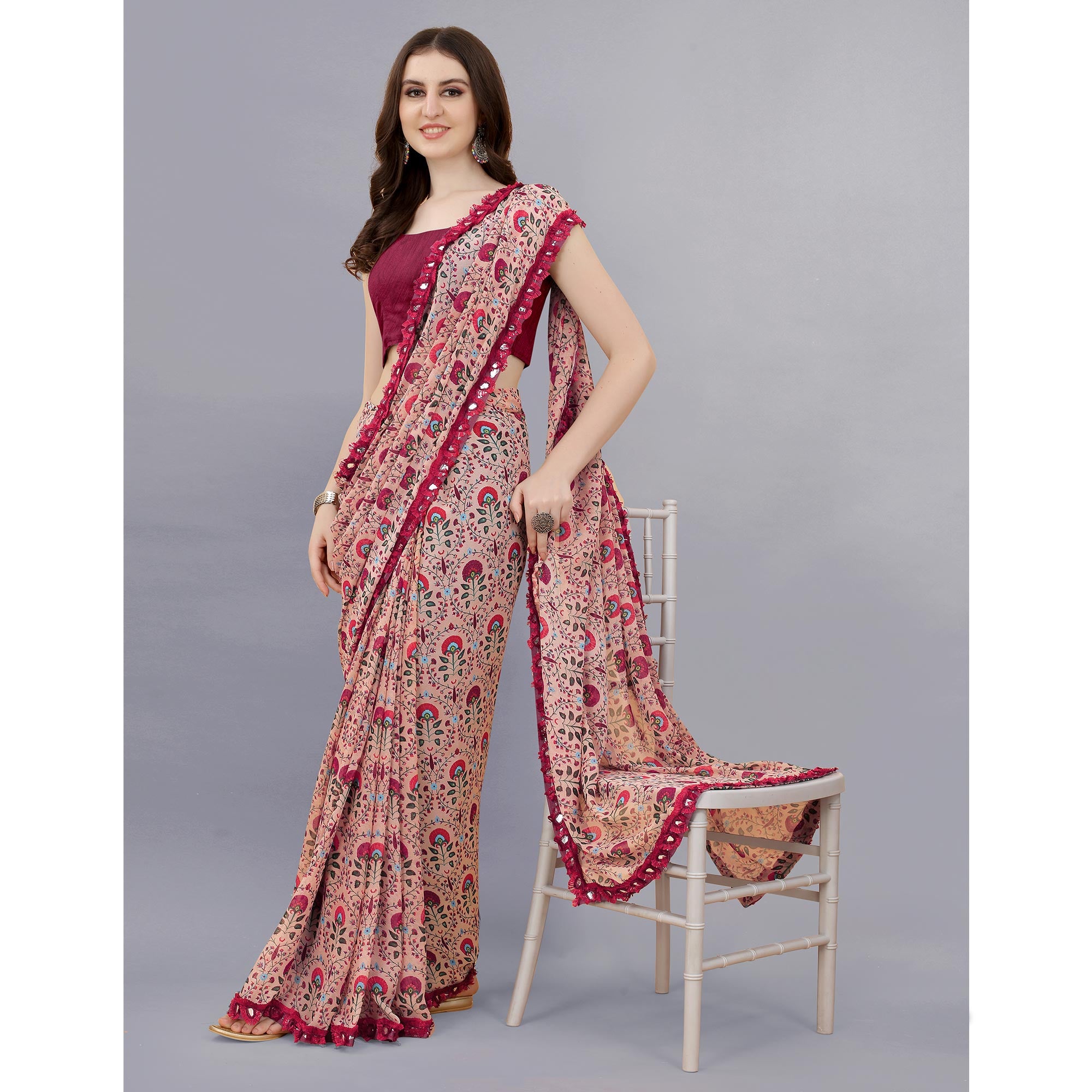 Beige Floral Printed Georgette Saree