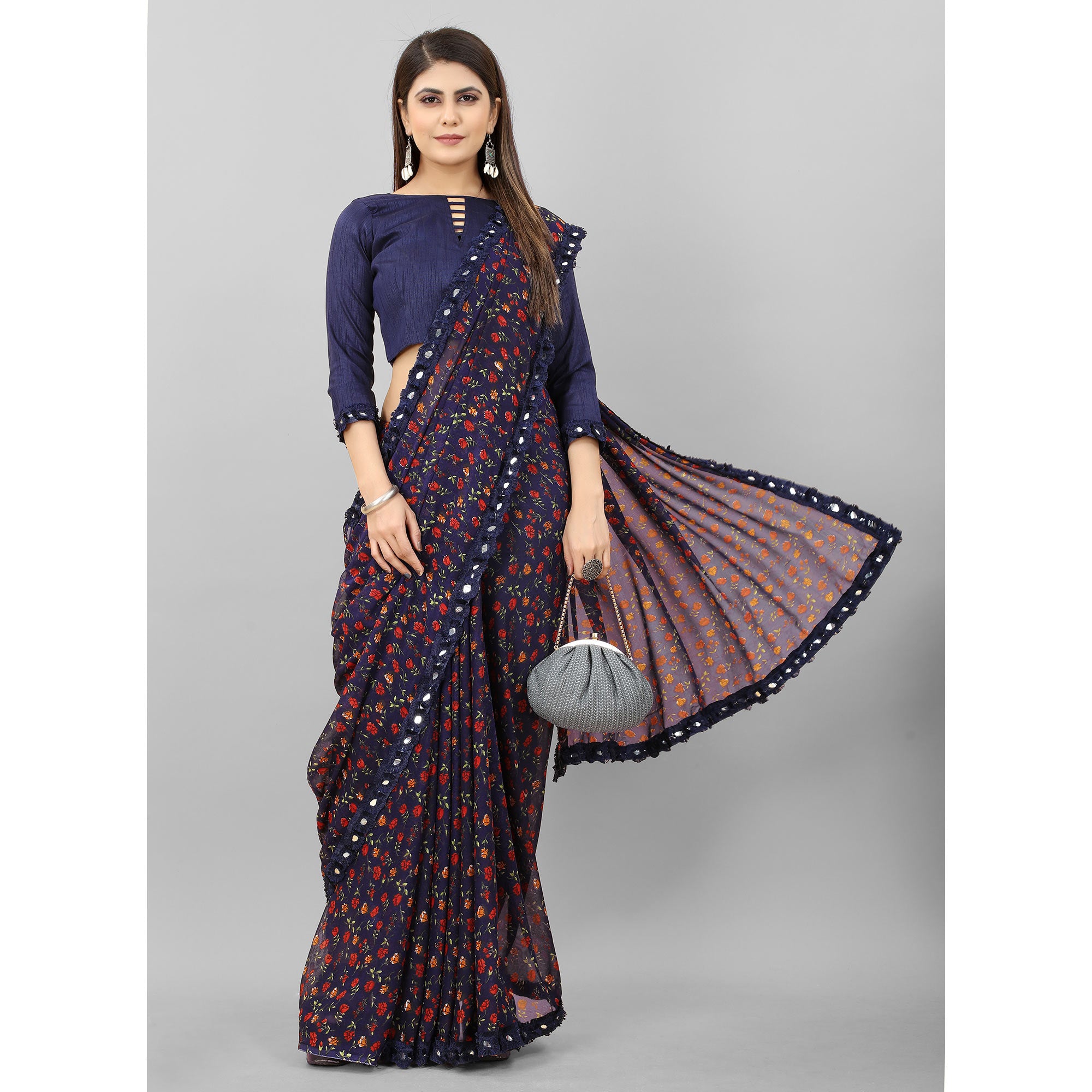 Navy Blue Floral Printed Georgette Saree