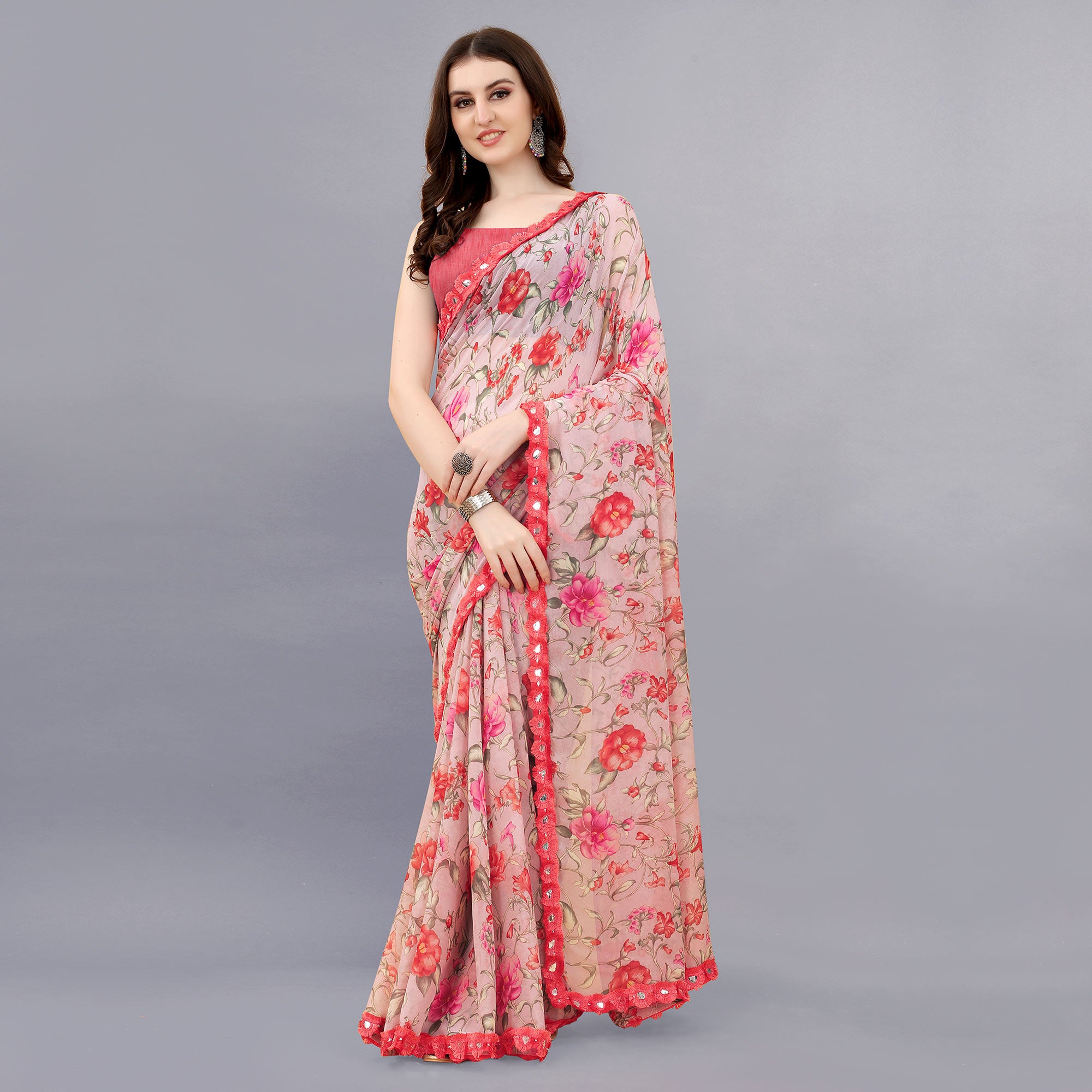 Peach Floral Printed Georgette Saree