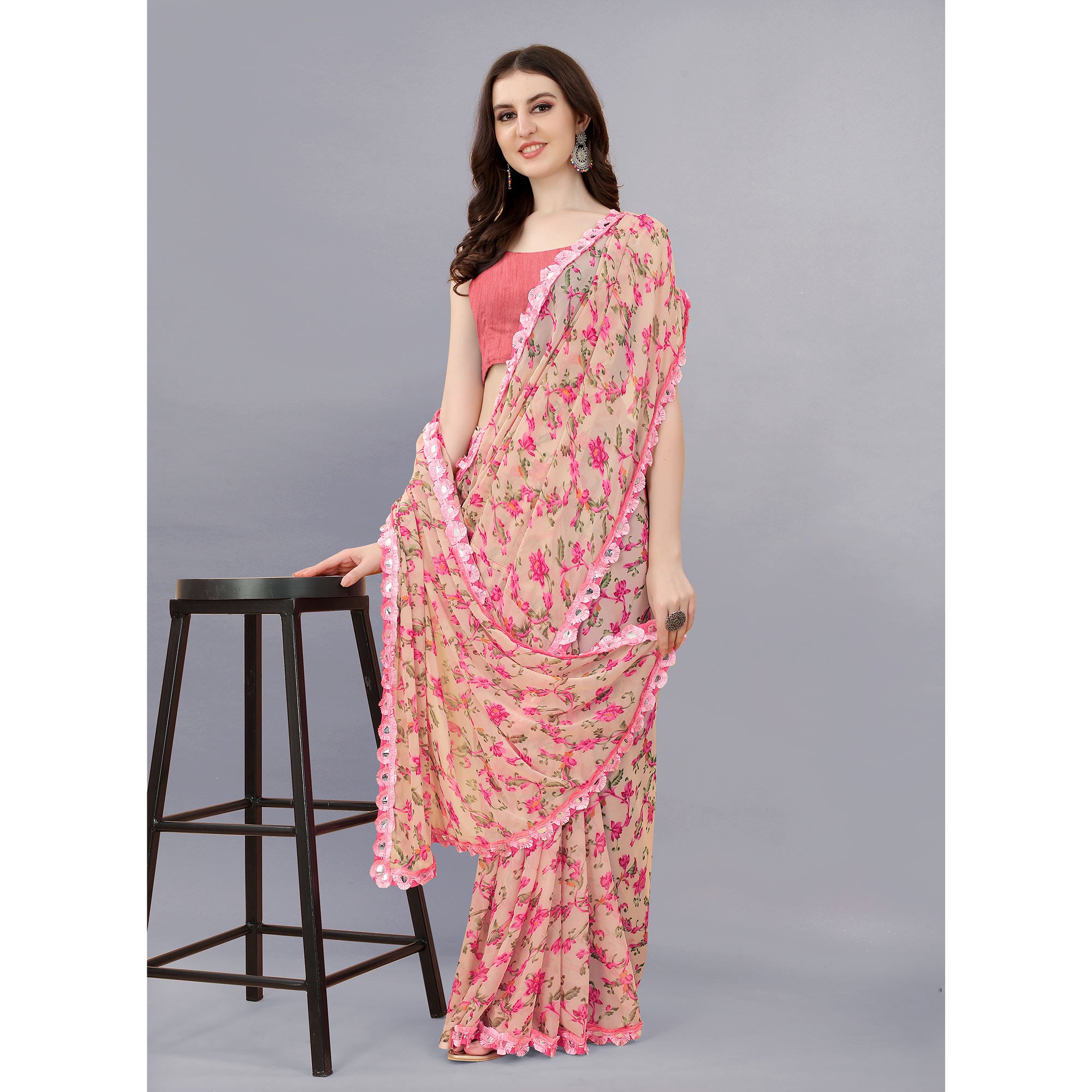 Pink Floral Printed Georgette Saree