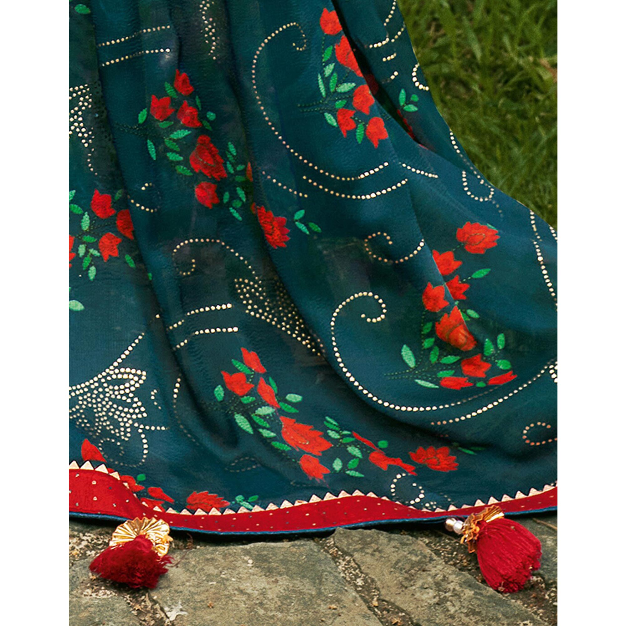 Teal Blue Floral Foil Printed Chiffon Saree