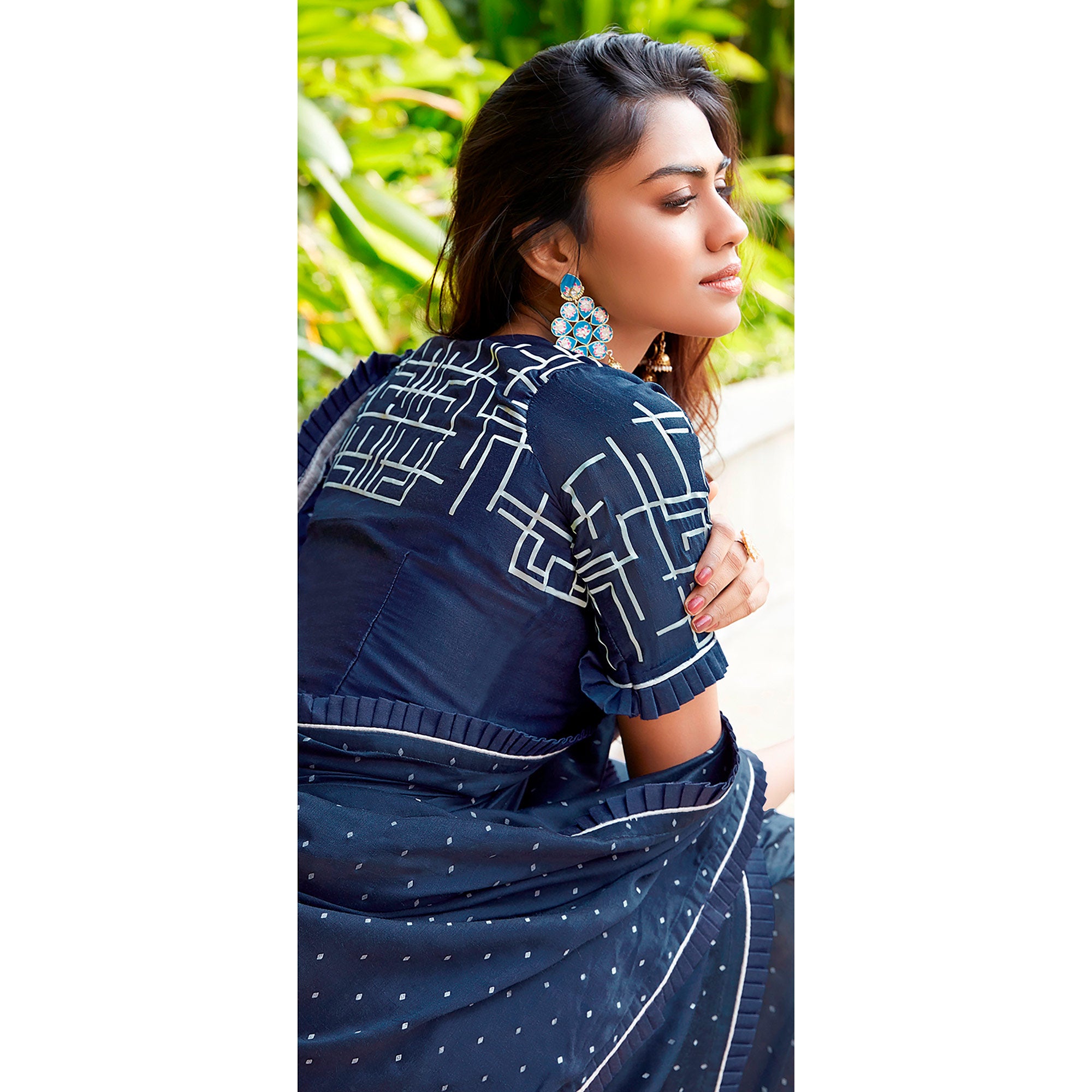 Blue Printed With Pleated Border Cotton Silk Saree