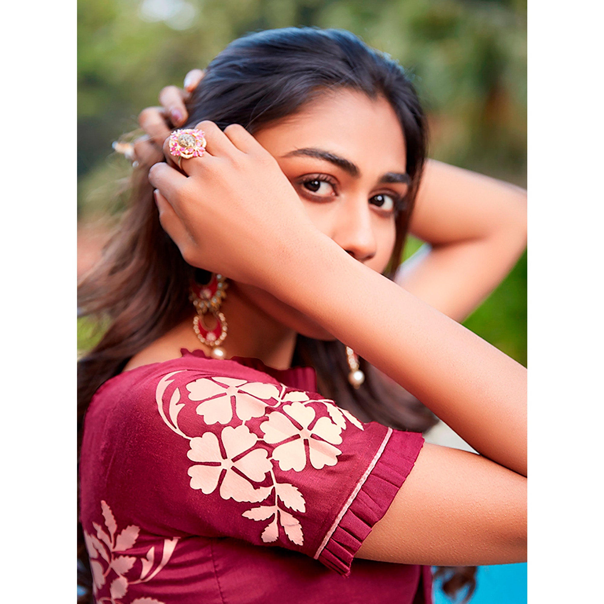 Maroon Printed With Pleated Border Cotton Silk Saree