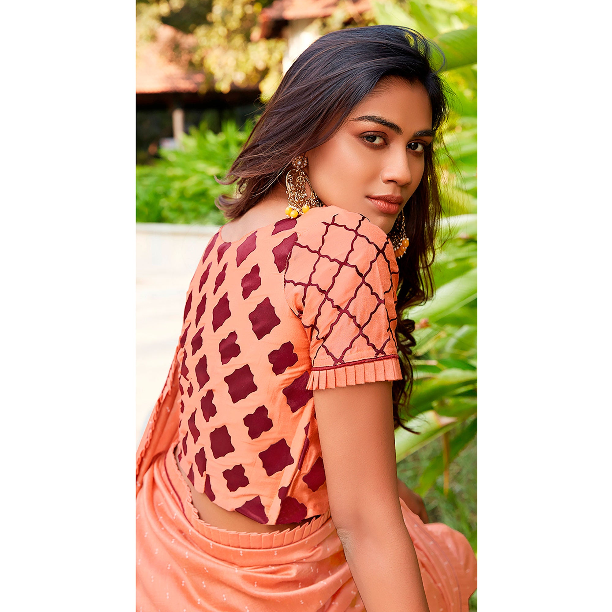 Peach Printed With Pleated Border Cotton Silk Saree