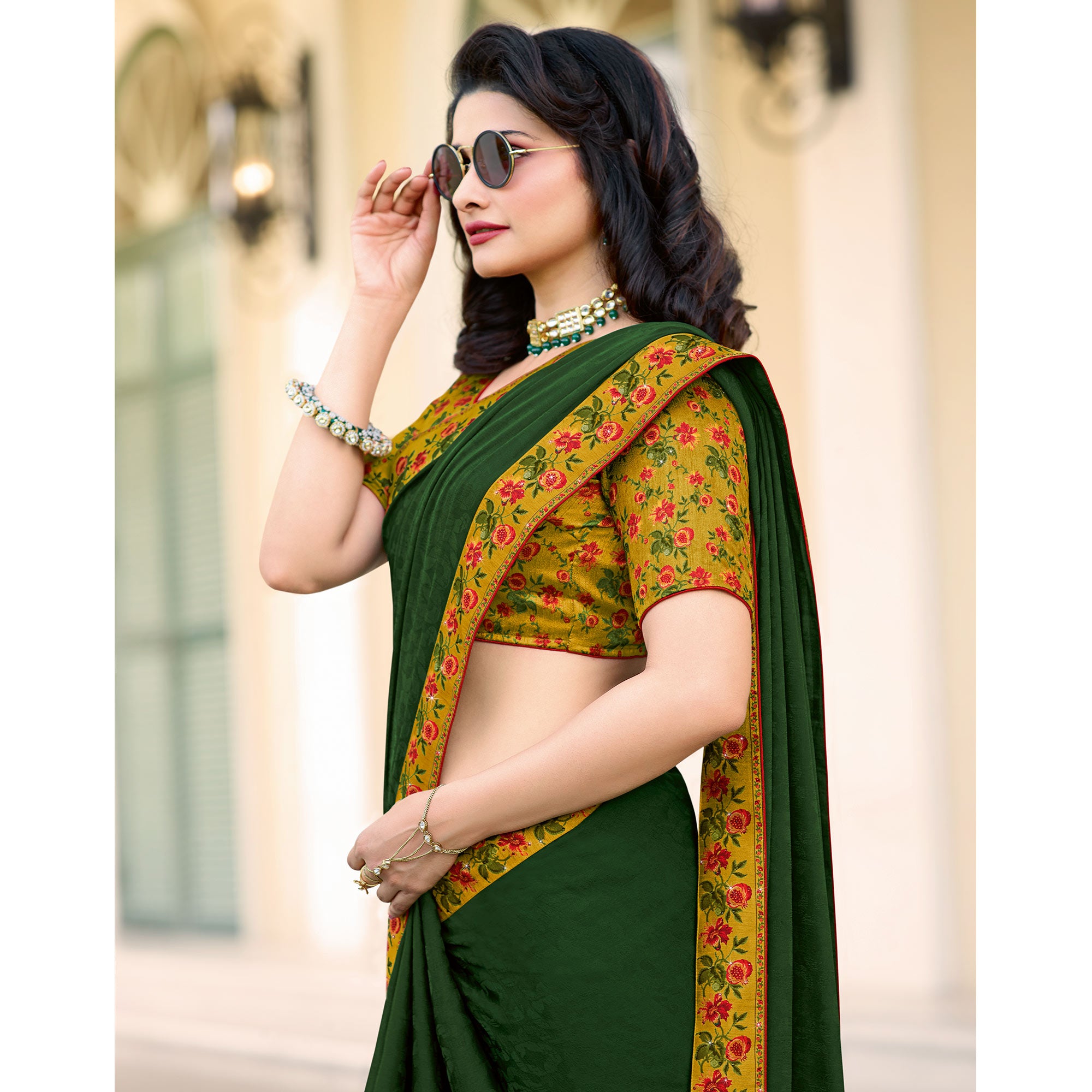 Bottle Green Floral Digital Printed Georgette Saree